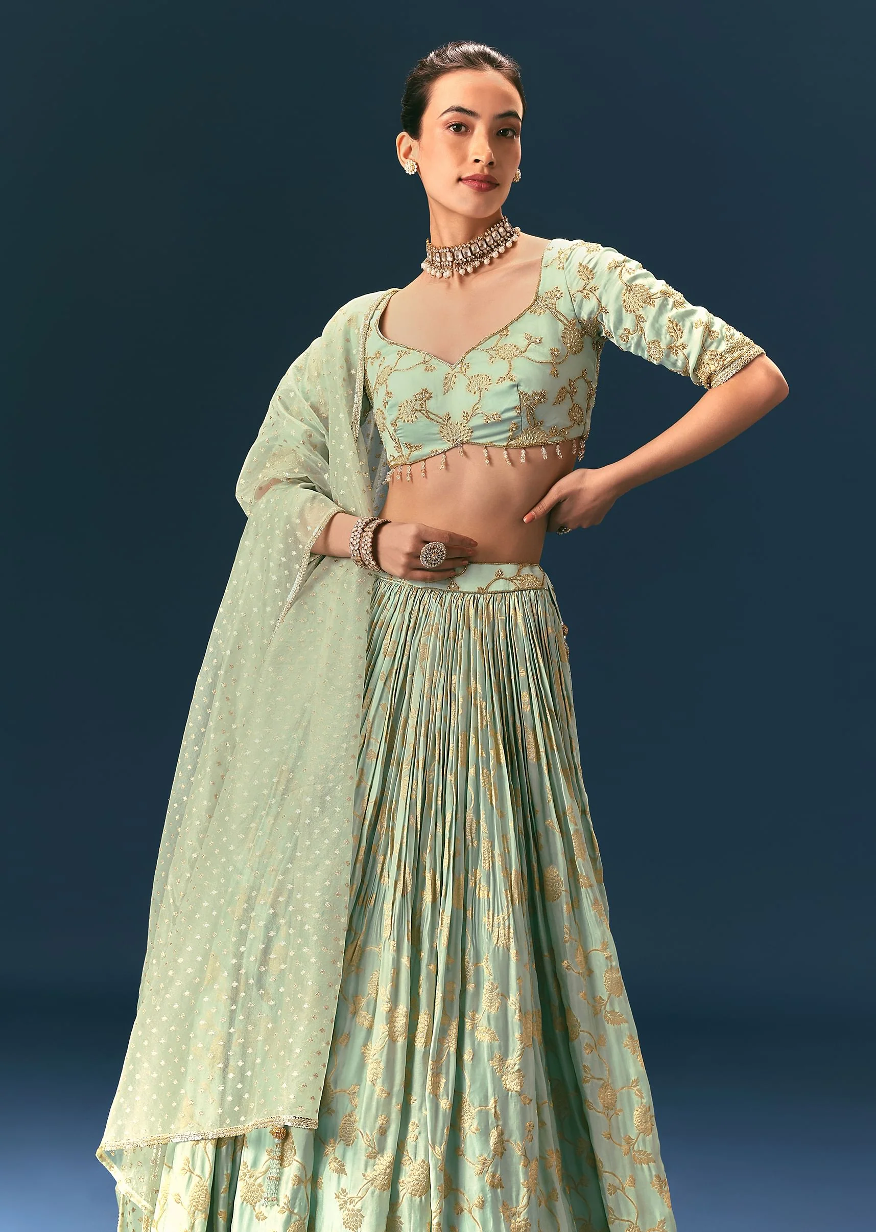 Coral Green Hand Embellished Lehenga Set In Organza Satin - Image 2