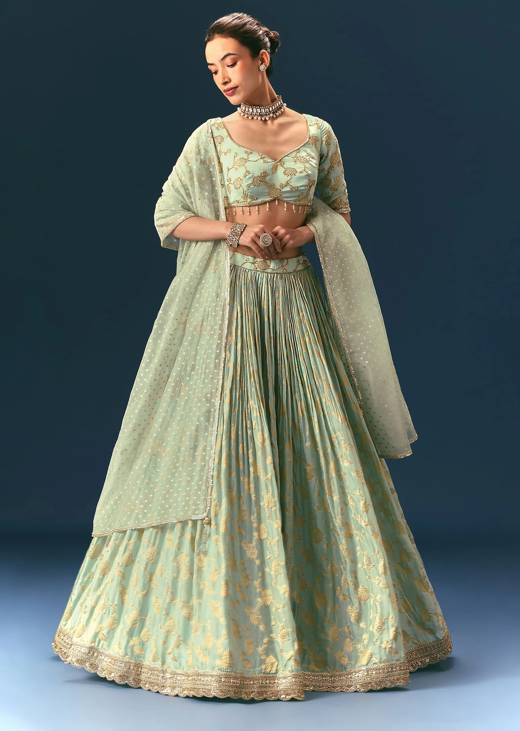 Coral Green Hand Embellished Lehenga Set In Organza Satin - Image 3