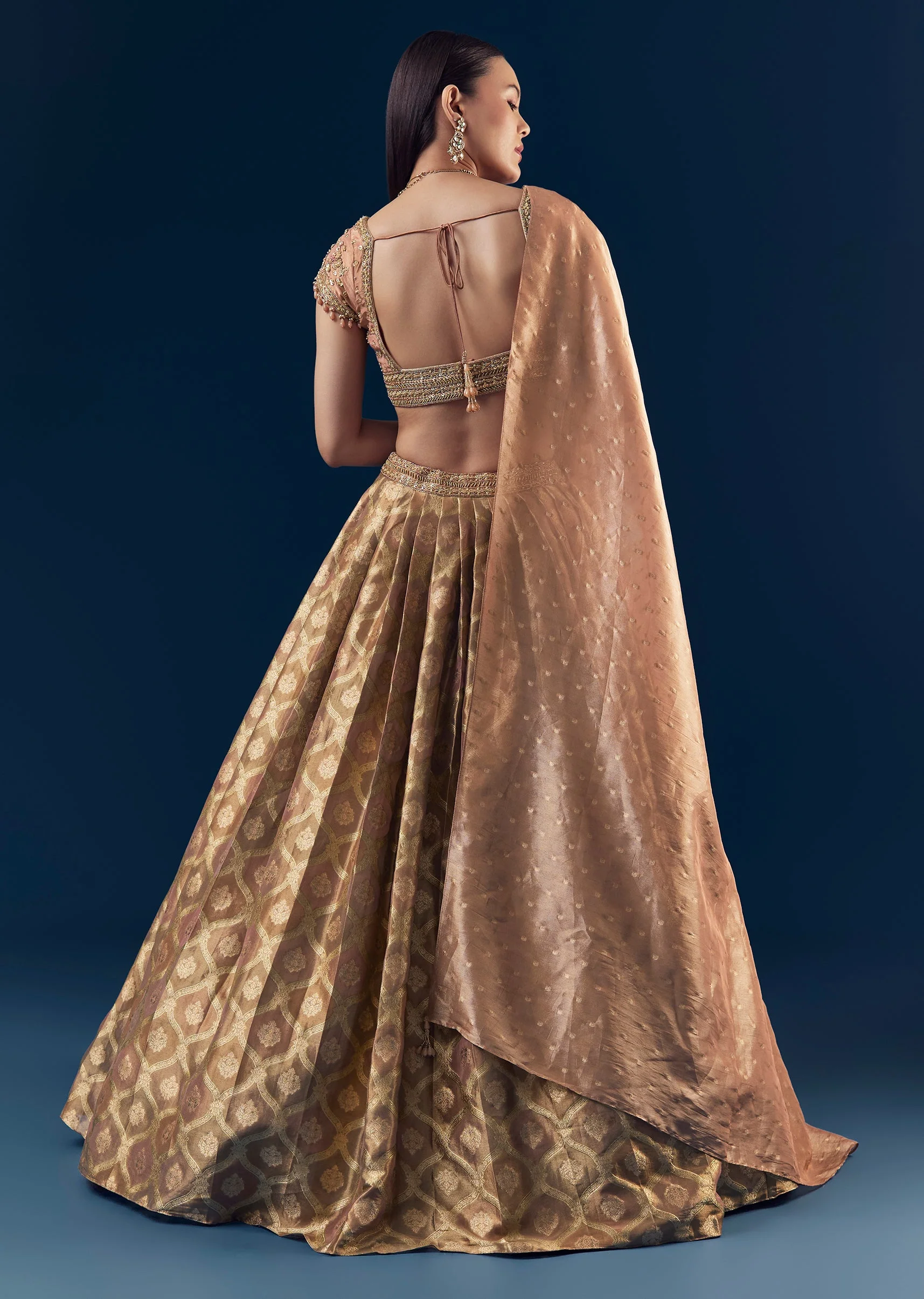 Coral Hand Embroidered Banarasi Silk Bridesmaid Lehenga Set with Pleats - Image 2