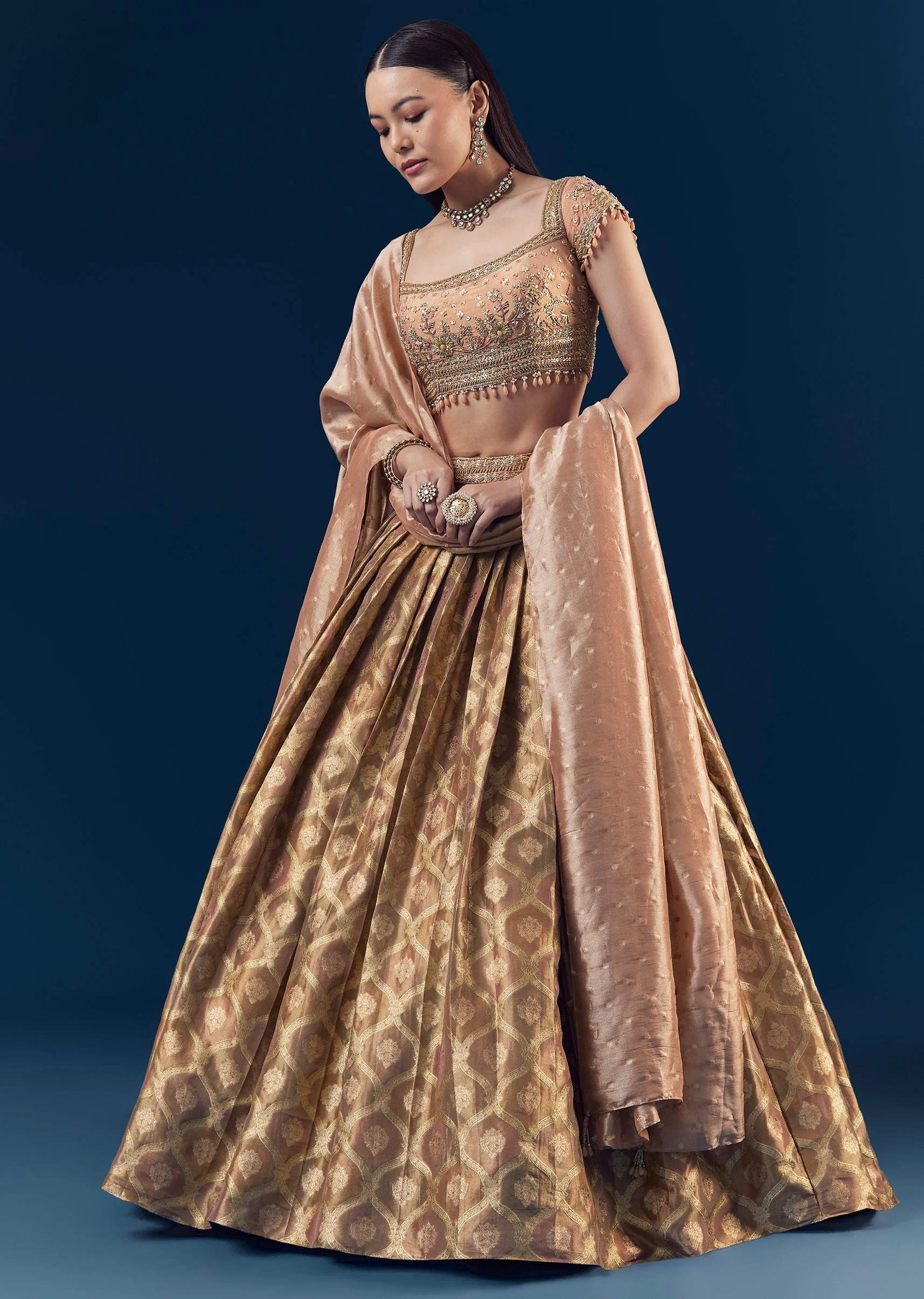 Coral Hand Embroidered Banarasi Silk Bridesmaid Lehenga Set with Pleats - Image 4
