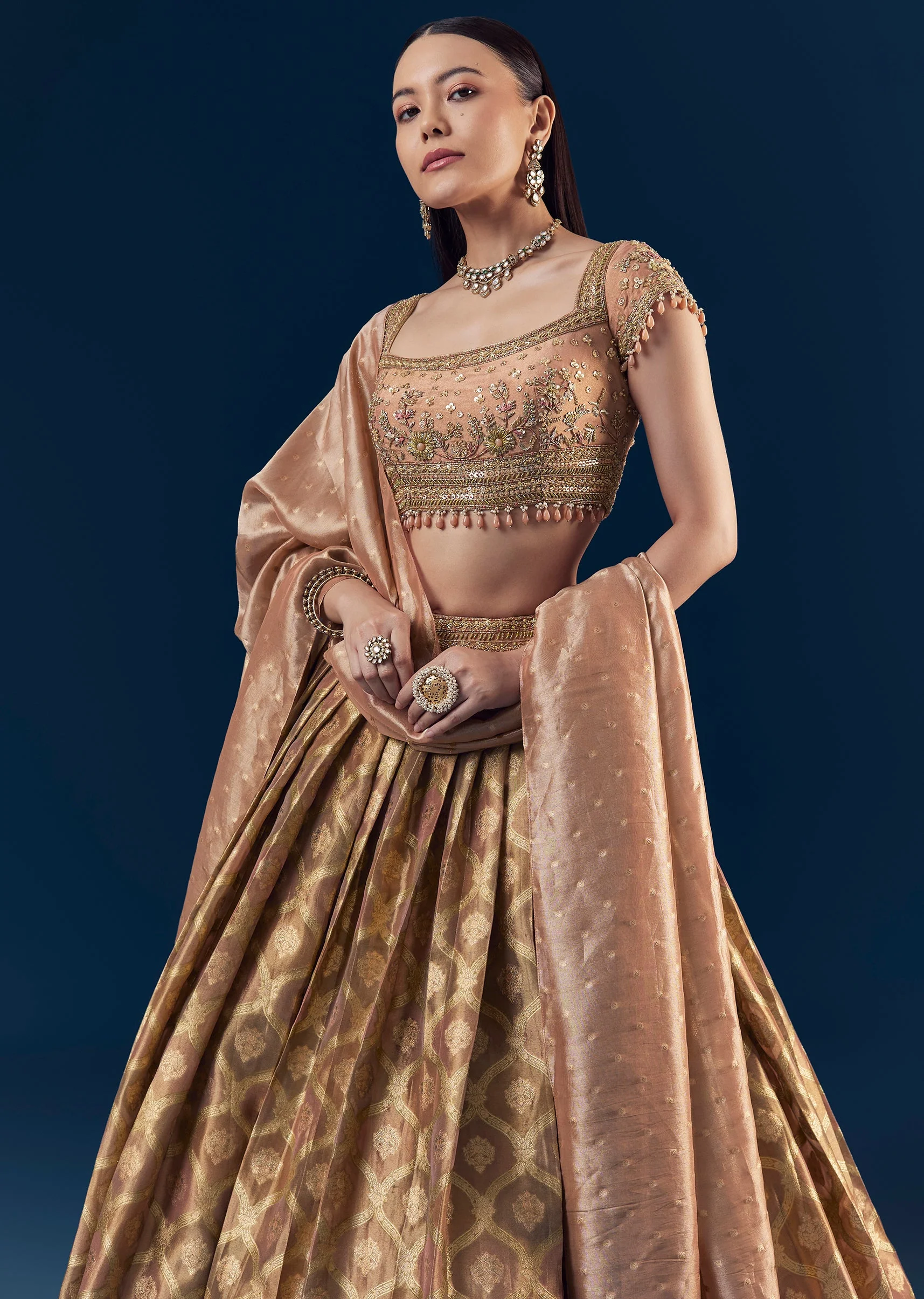 Coral Hand Embroidered Banarasi Silk Bridesmaid Lehenga Set with Pleats - Image 5