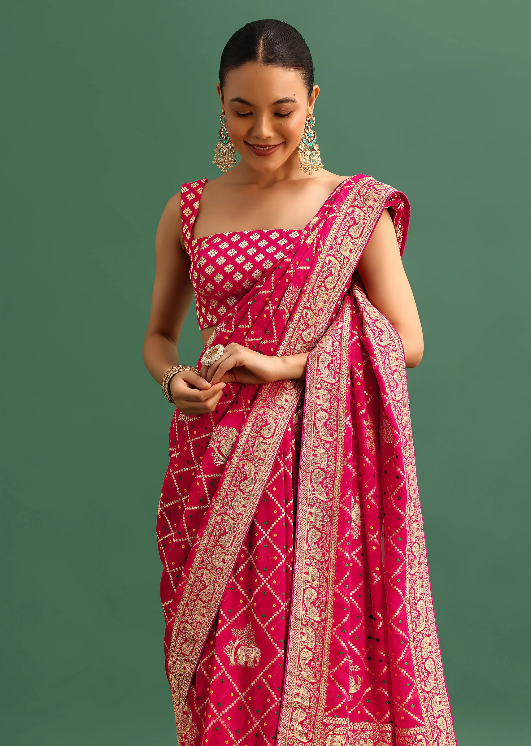 Coral Khaddi Georgette Saree With Zari Jaal Bandhani Weave And Unstitched Blouse - Image 5