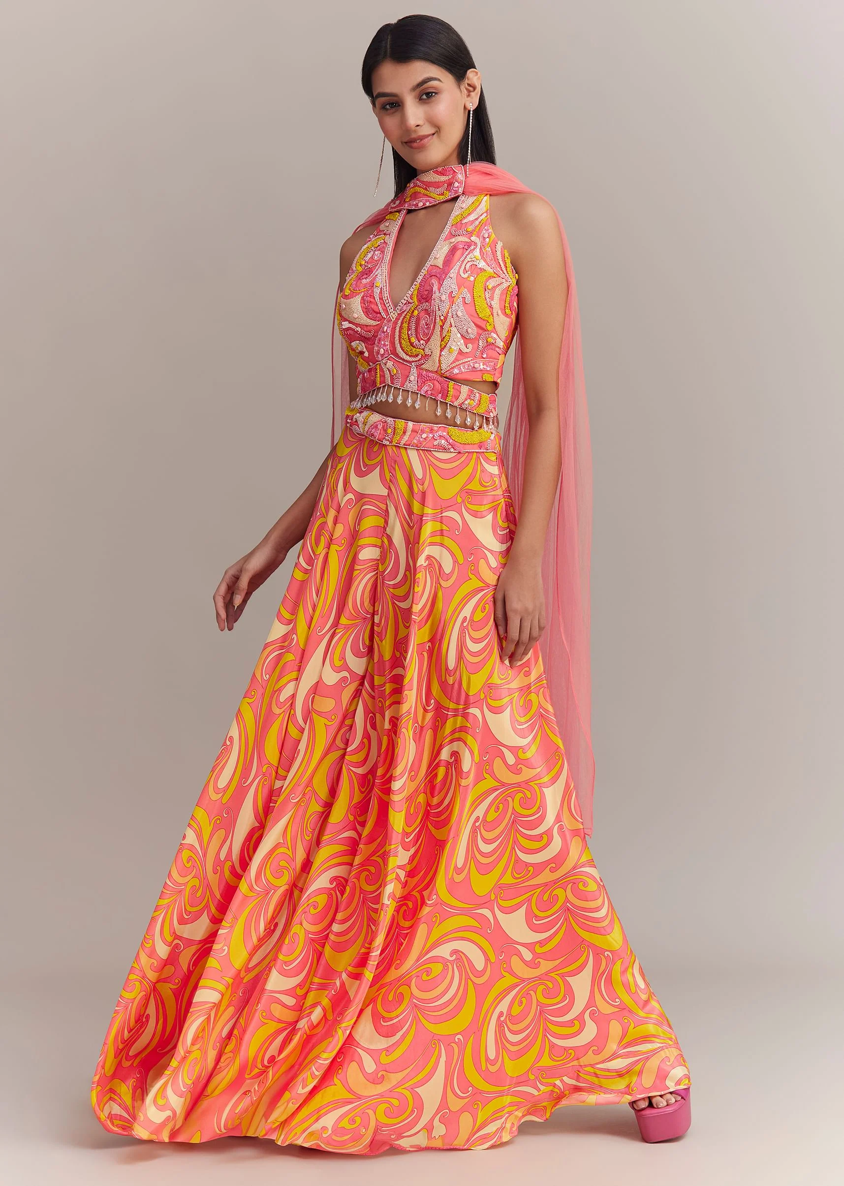 Coral Pink Crepe Abstract Printed Embroidered Palazzo Set