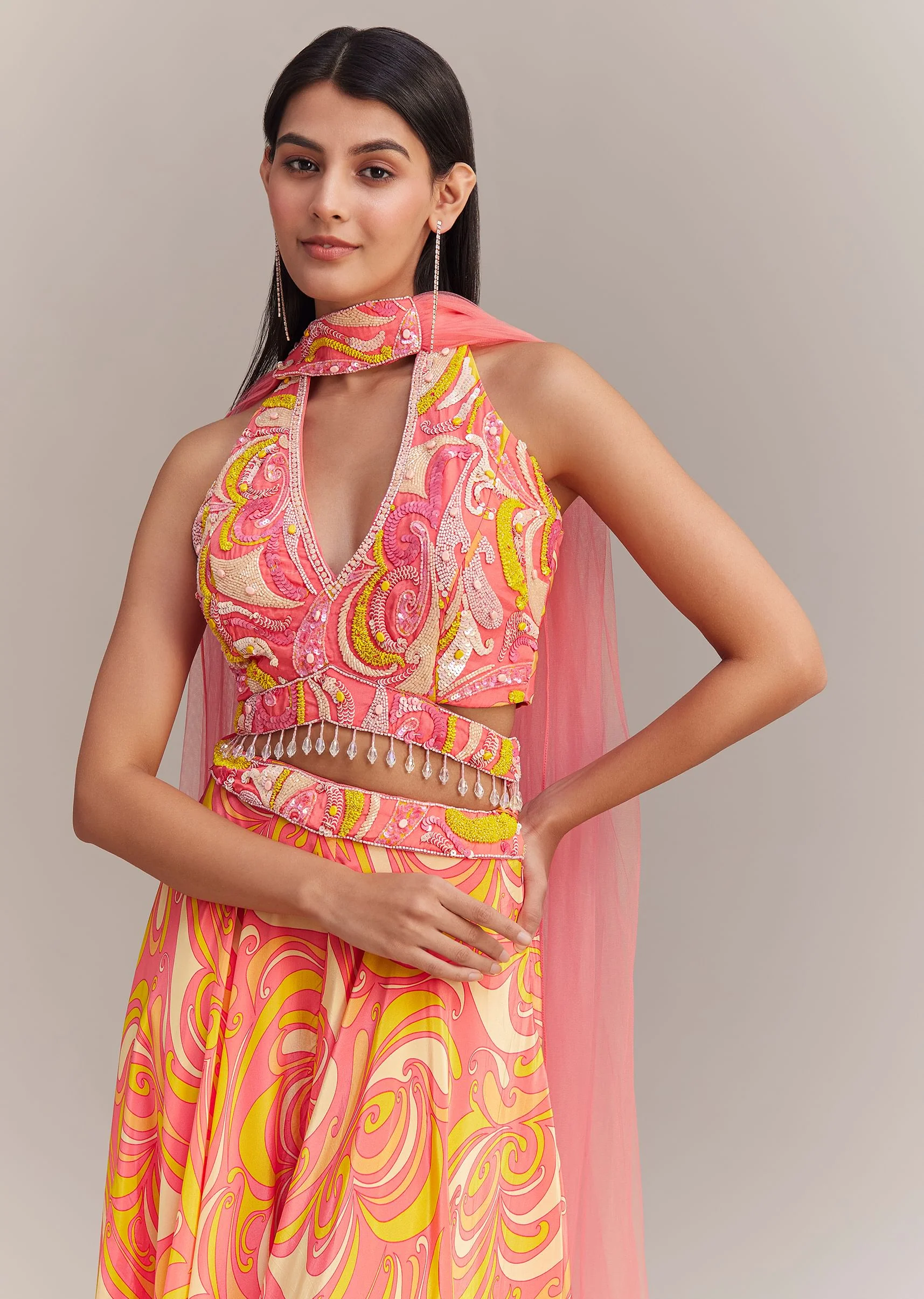 Coral Pink Crepe Abstract Printed Embroidered Palazzo Set - Image 4