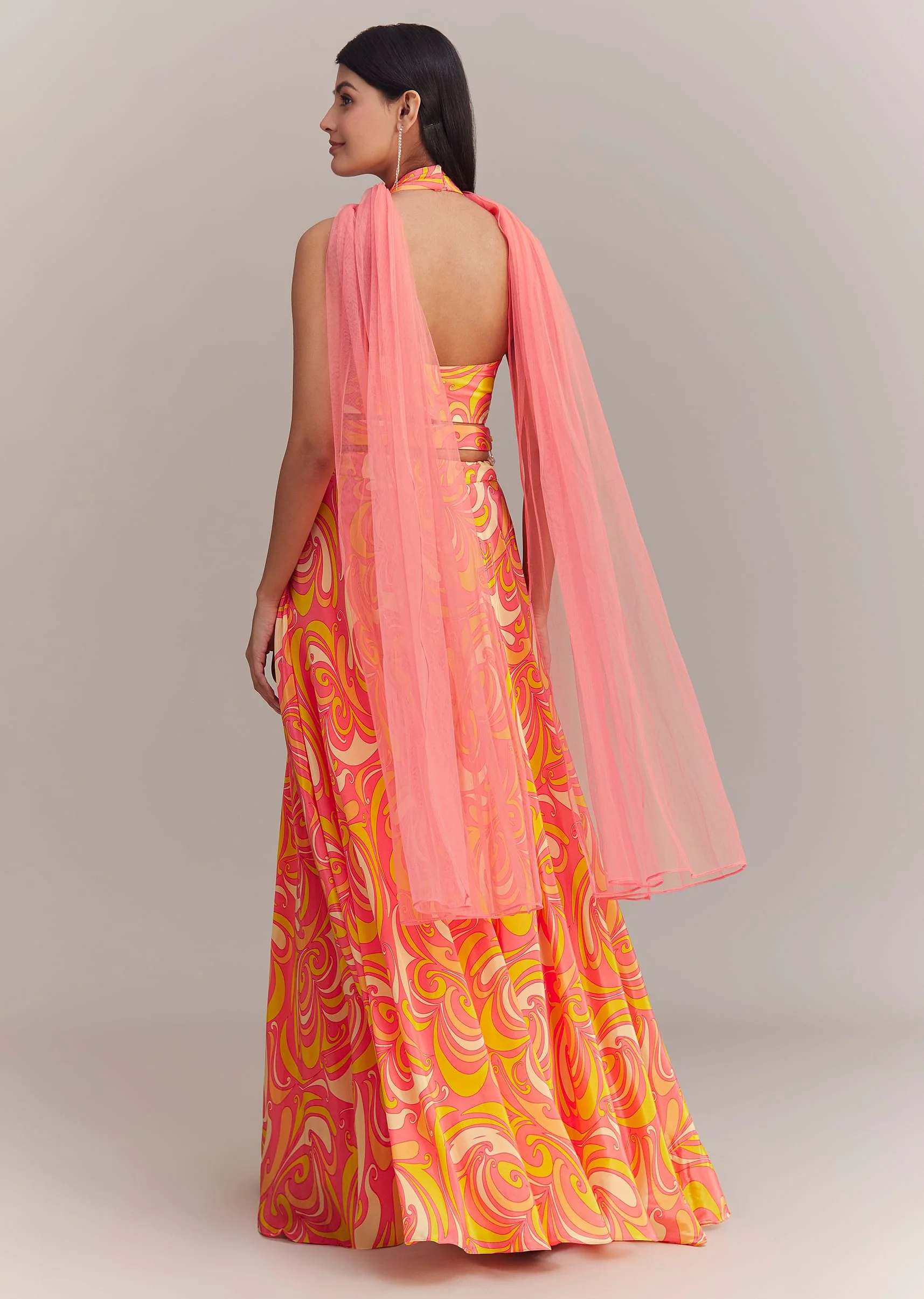 Coral Pink Crepe Abstract Printed Embroidered Palazzo Set - Image 5