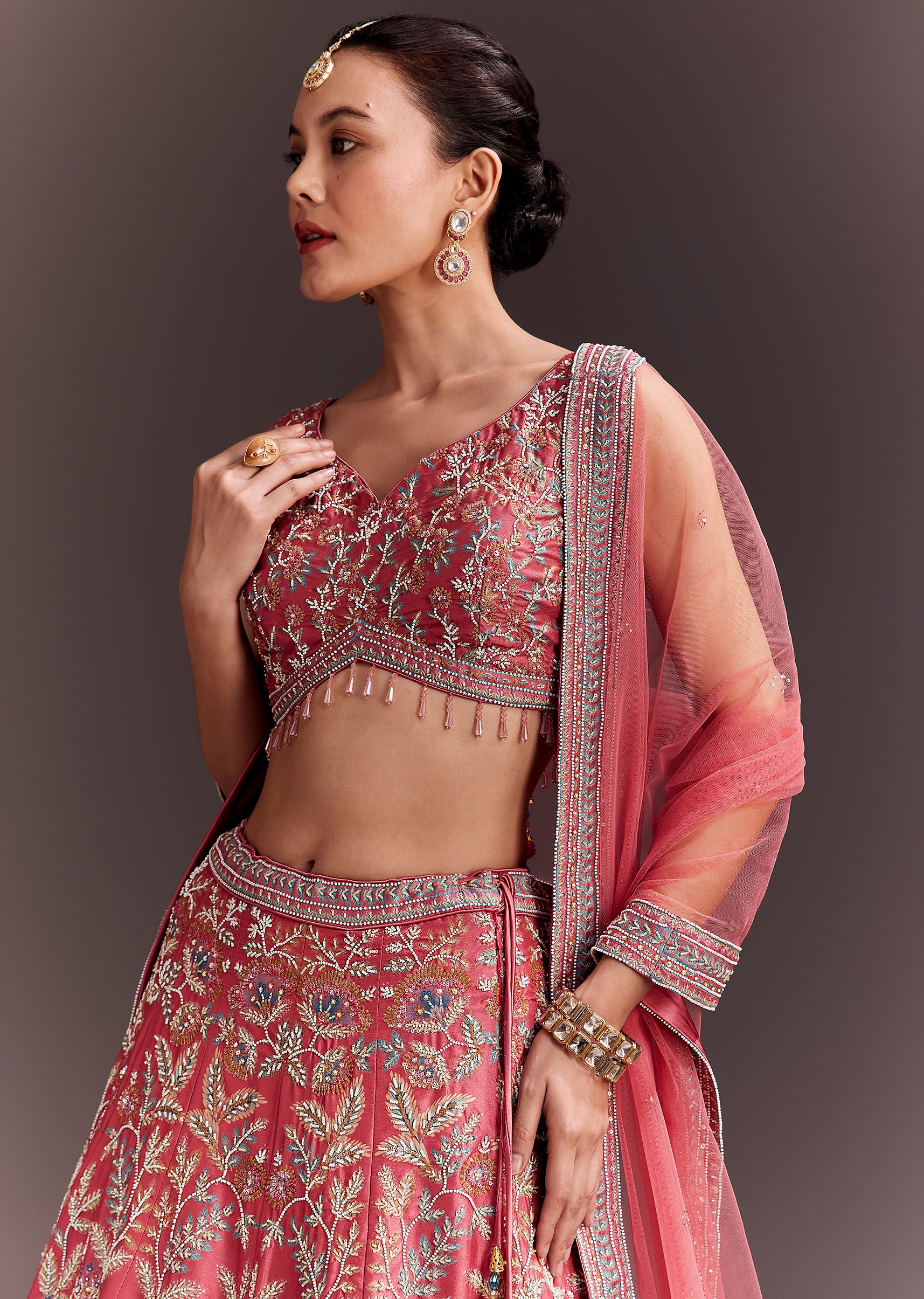 Coral Pink Embroidered Lehenga Set With Net Dupatta - Image 4