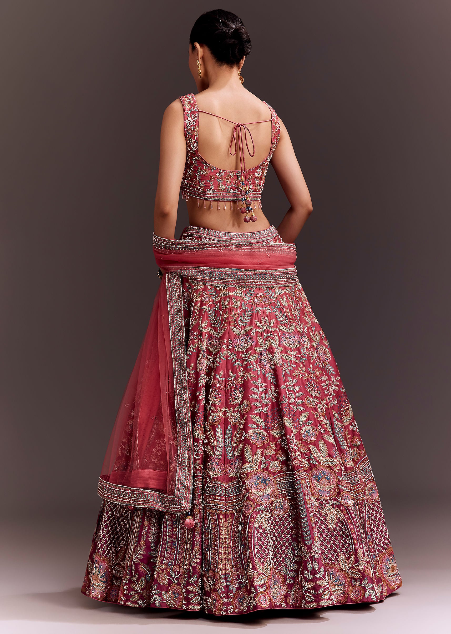 Coral Pink Embroidered Lehenga Set With Net Dupatta - Image 5