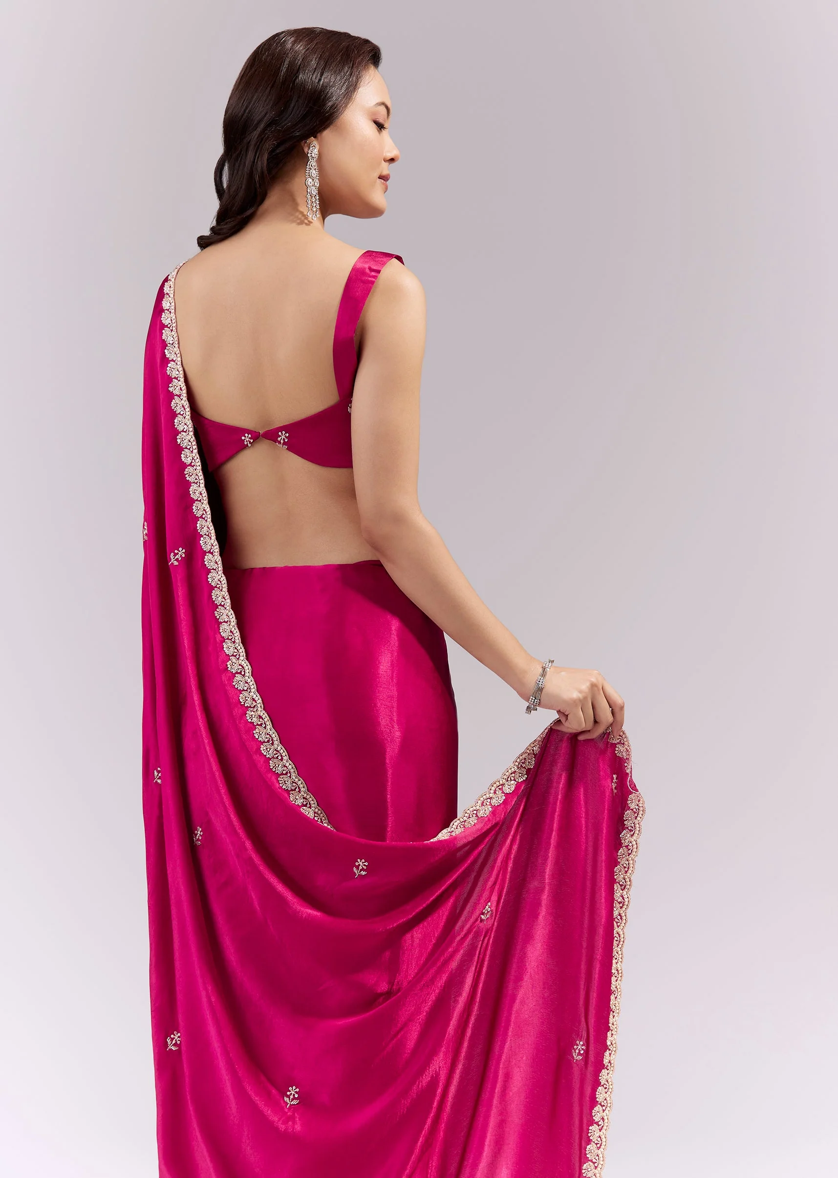 Coral Red Satin Chinon Saree With Scalloped Moti Embroidered Border And Buttis - Image 6