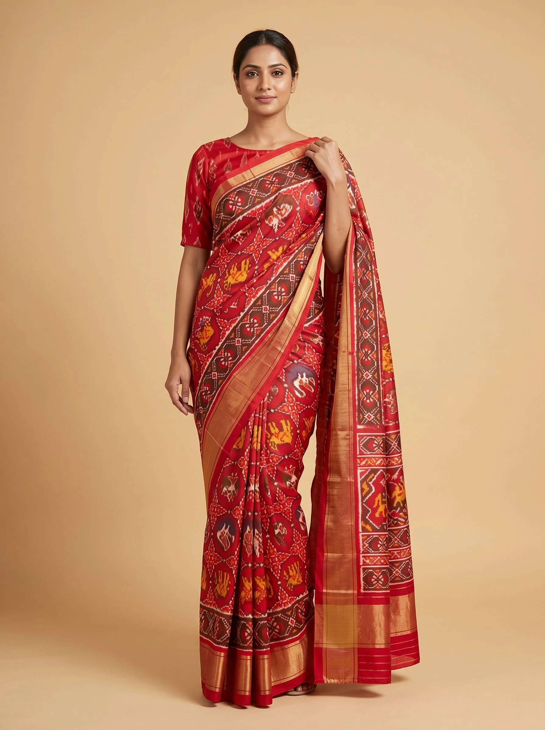 Coral Red Warm Handloom Saree