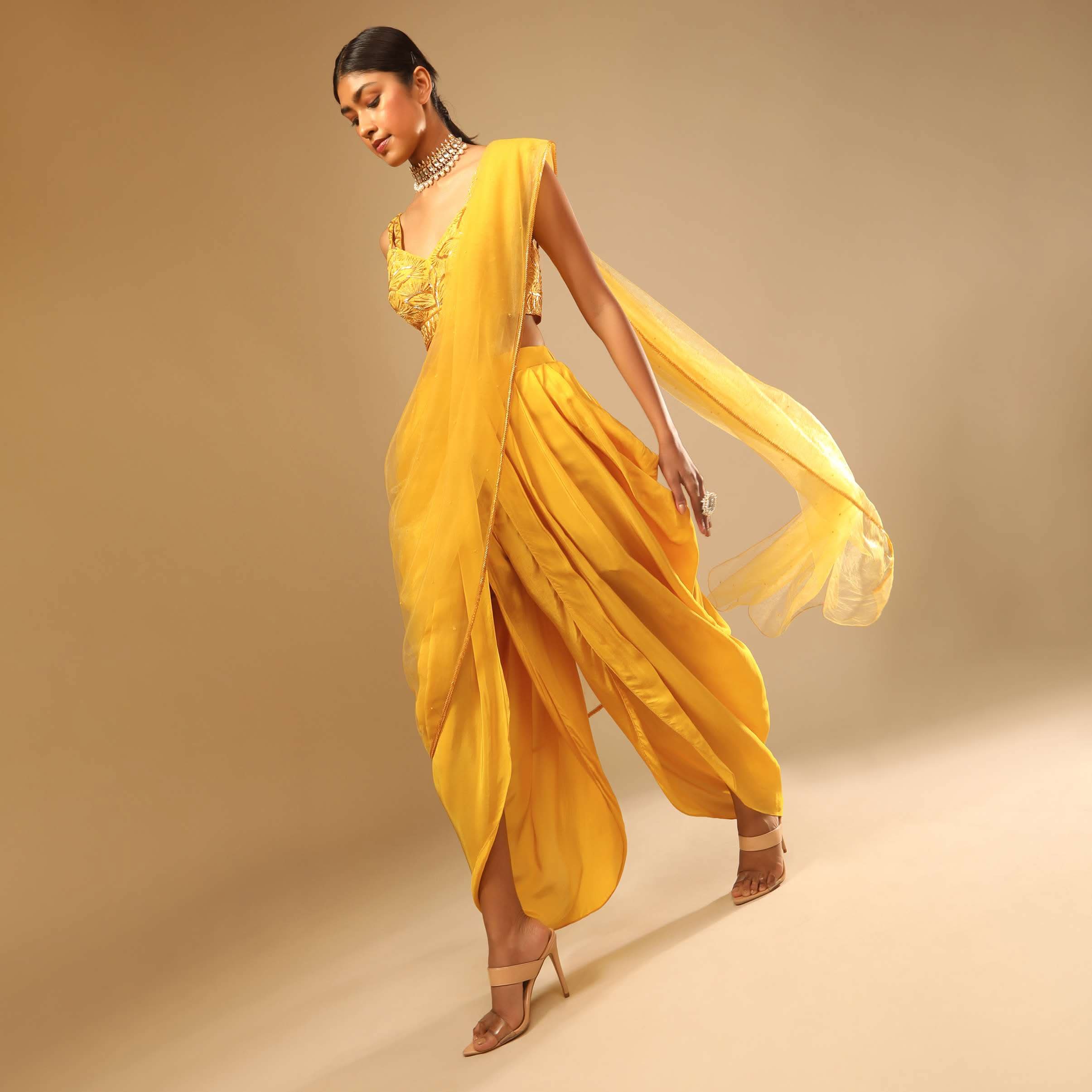 Corn Yellow Dhoti And Crop Top Suit With Hand Embroidered Leaf Motifs And A Matching Dupatta - Image 2