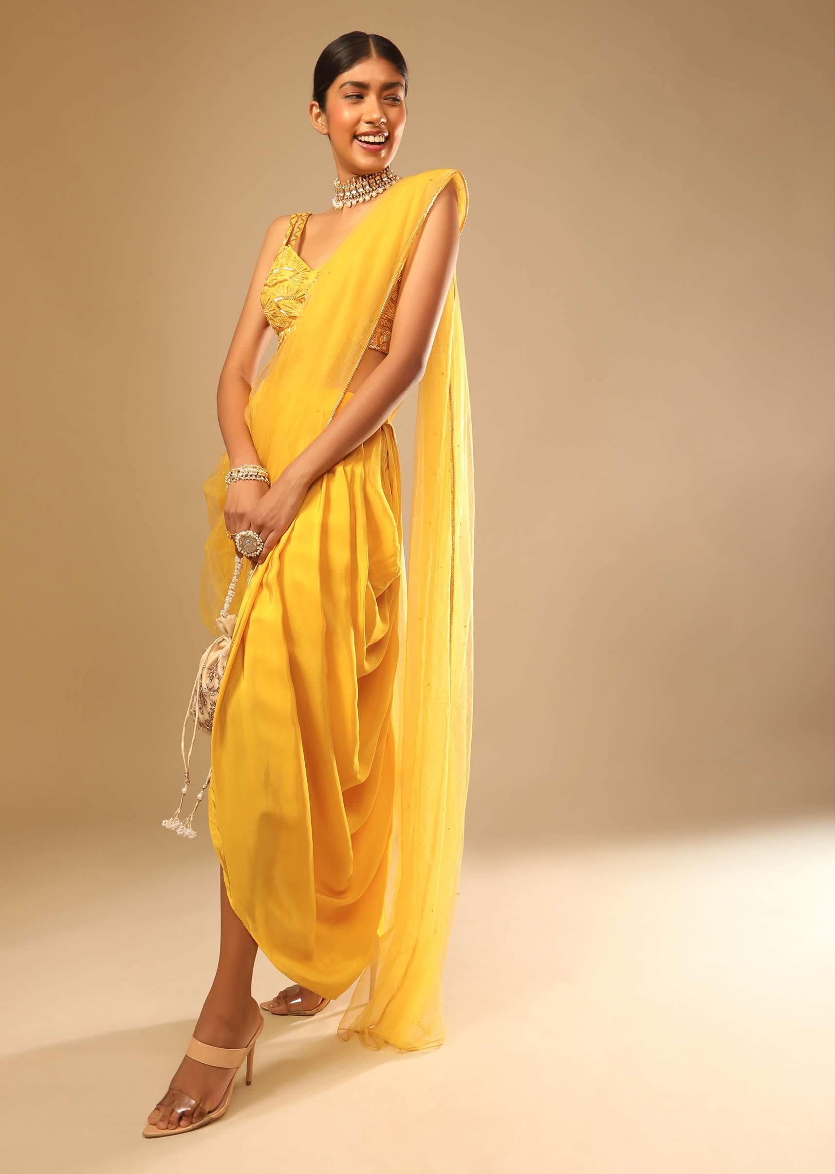 Corn Yellow Dhoti And Crop Top Suit With Hand Embroidered Leaf Motifs And A Matching Dupatta - Image 3