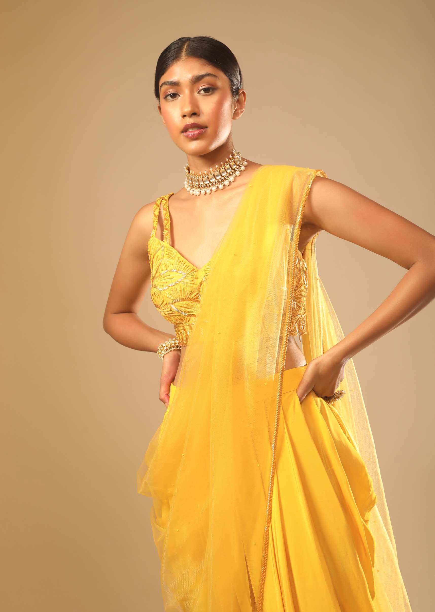 Corn Yellow Dhoti And Crop Top Suit With Hand Embroidered Leaf Motifs And A Matching Dupatta - Image 4