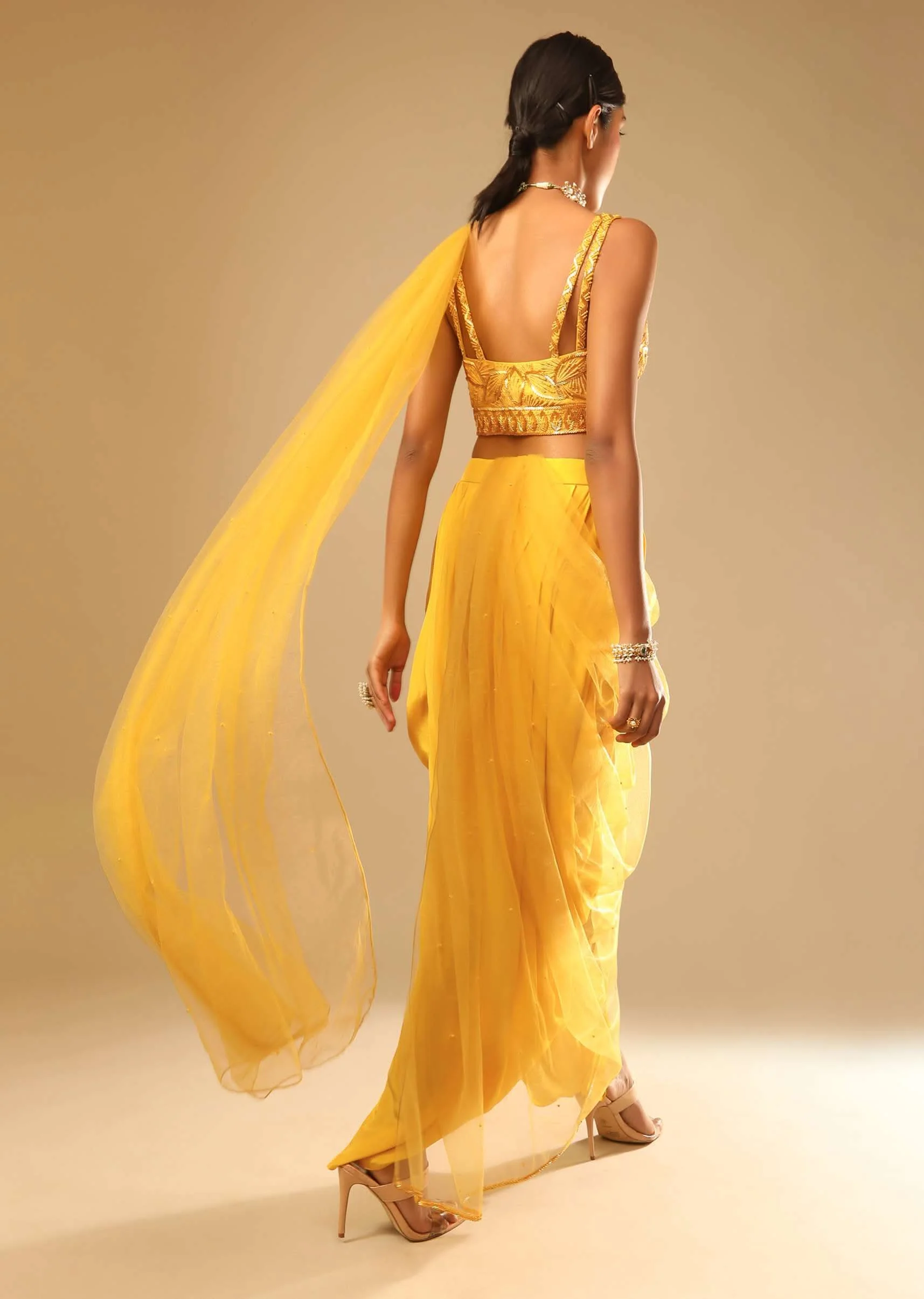 Corn Yellow Dhoti And Crop Top Suit With Hand Embroidered Leaf Motifs And A Matching Dupatta - Image 5
