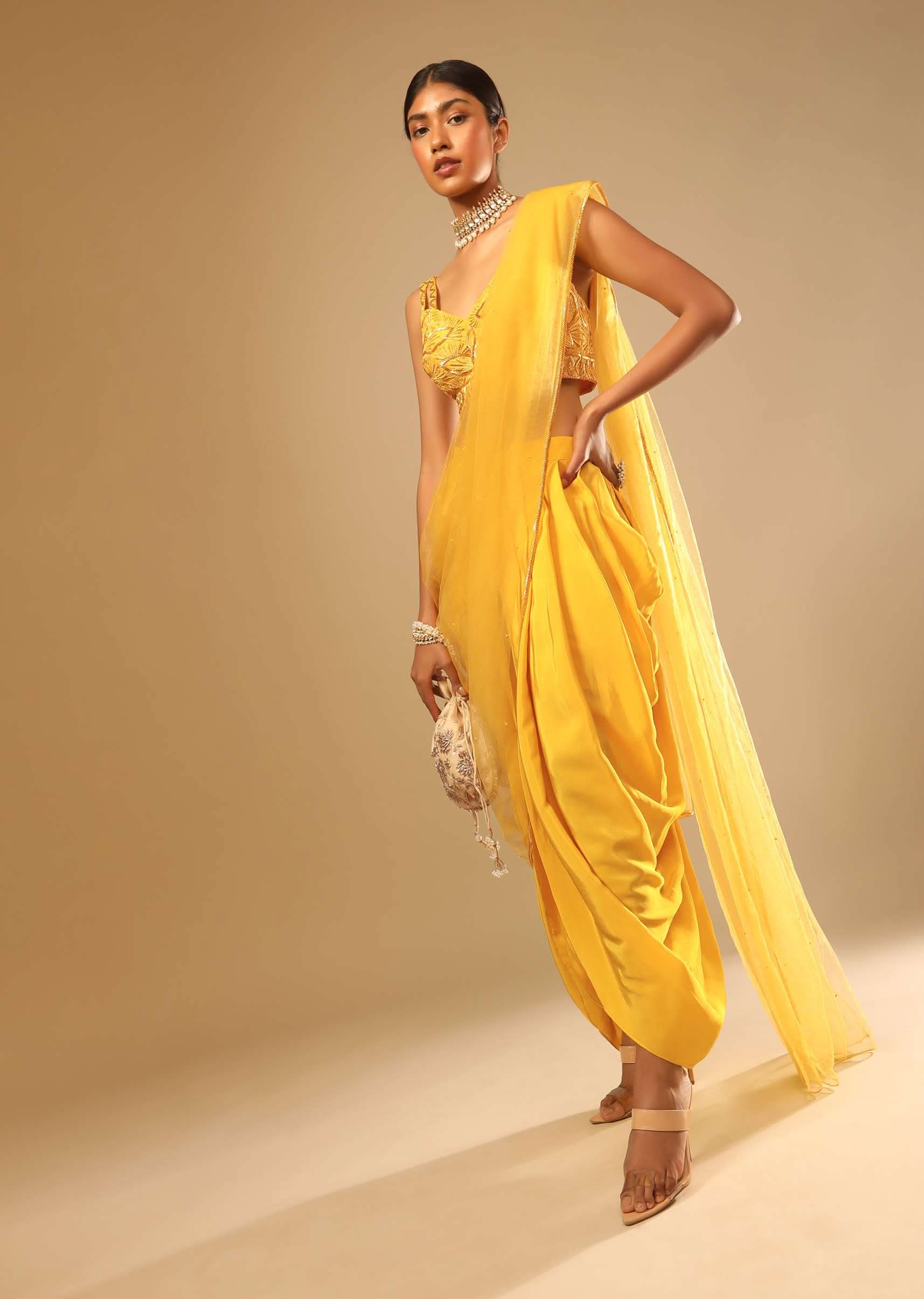 Corn Yellow Dhoti And Crop Top Suit With Hand Embroidered Leaf Motifs And A Matching Dupatta - Image 6