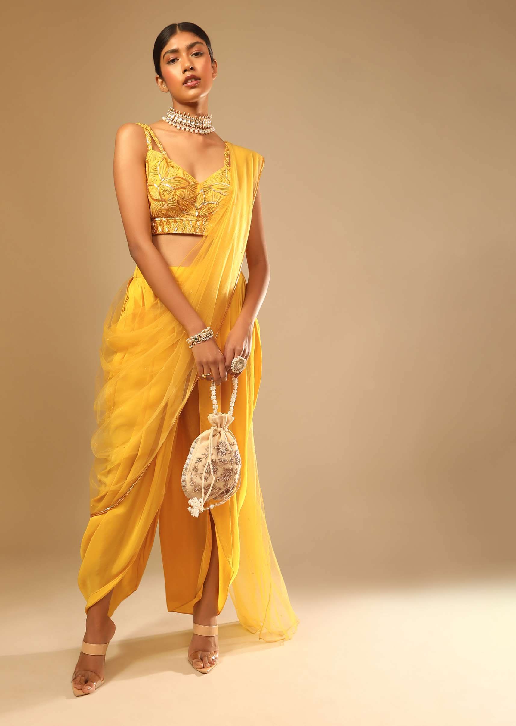 Corn Yellow Dhoti And Crop Top Suit With Hand Embroidered Leaf Motifs And A Matching Dupatta - Image 7