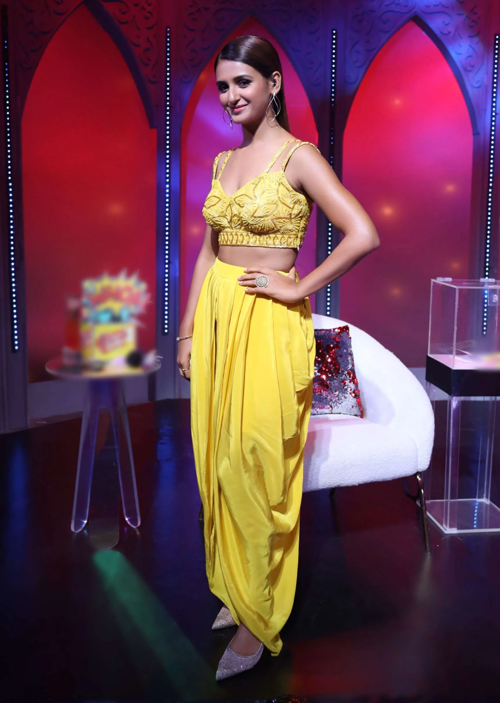 Corn Yellow Dhoti And Crop Top Suit With Hand Embroidered Leaf Motifs And A Matching Dupatta - Image 8