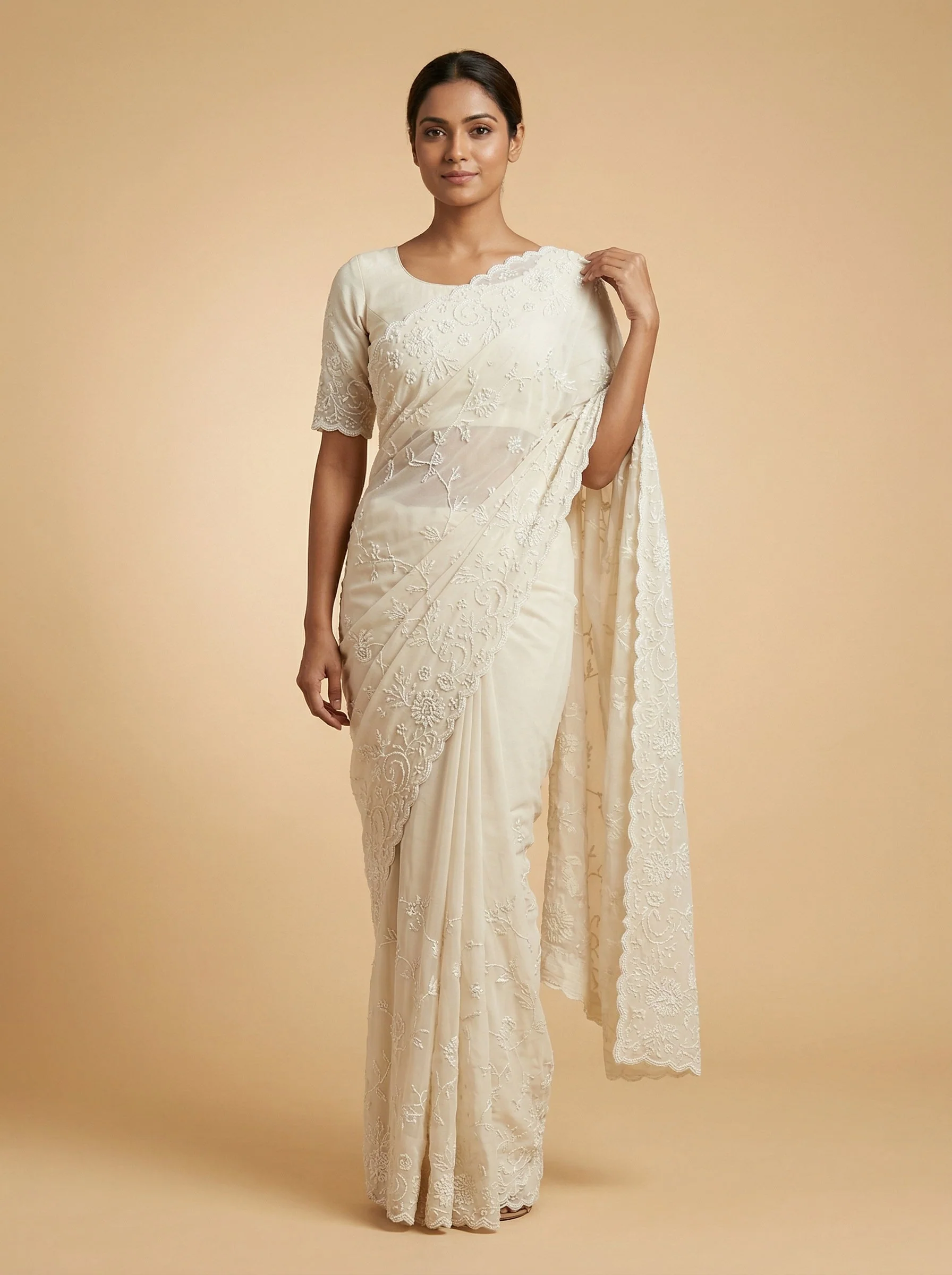Cotton White Embroidered Saree