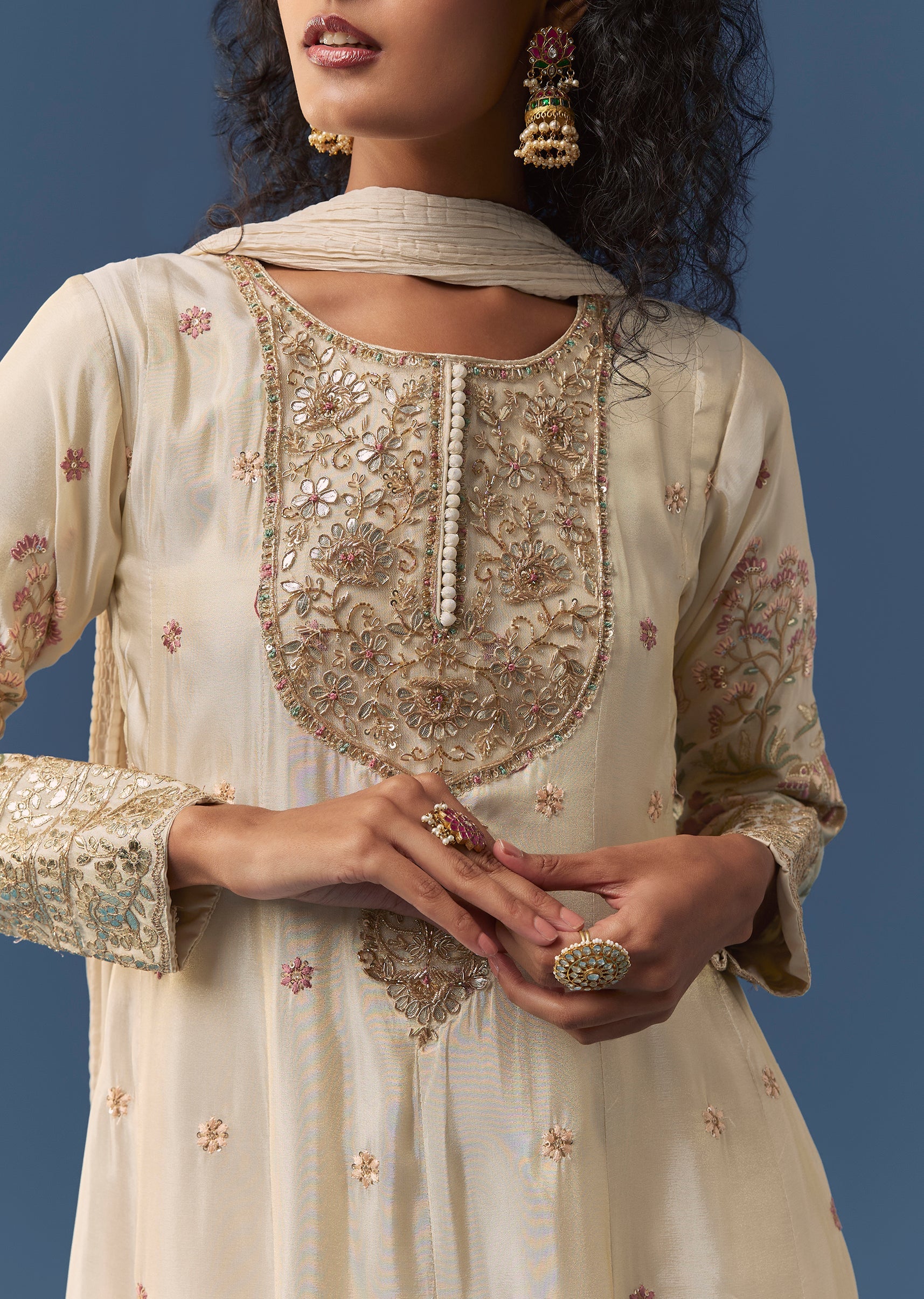Cream A-Line Resham Embroidered Anarkali Set - Image 2