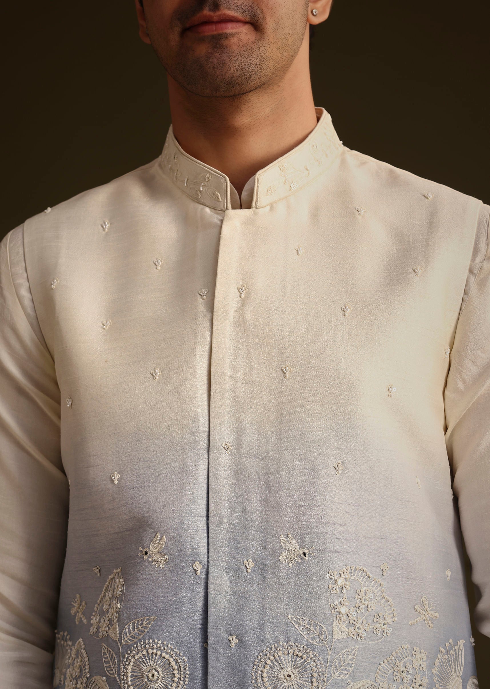 Cream And Blue Ombre Embroidered Silk Jacket Set - Image 2