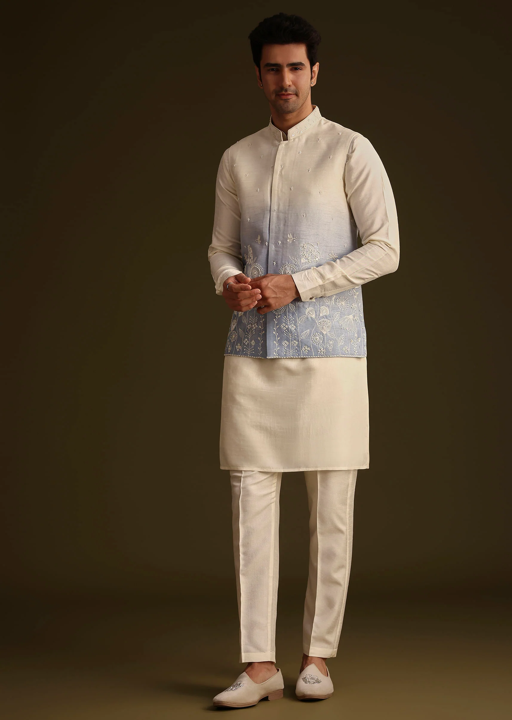 Cream And Blue Ombre Embroidered Silk Jacket Set - Image 3