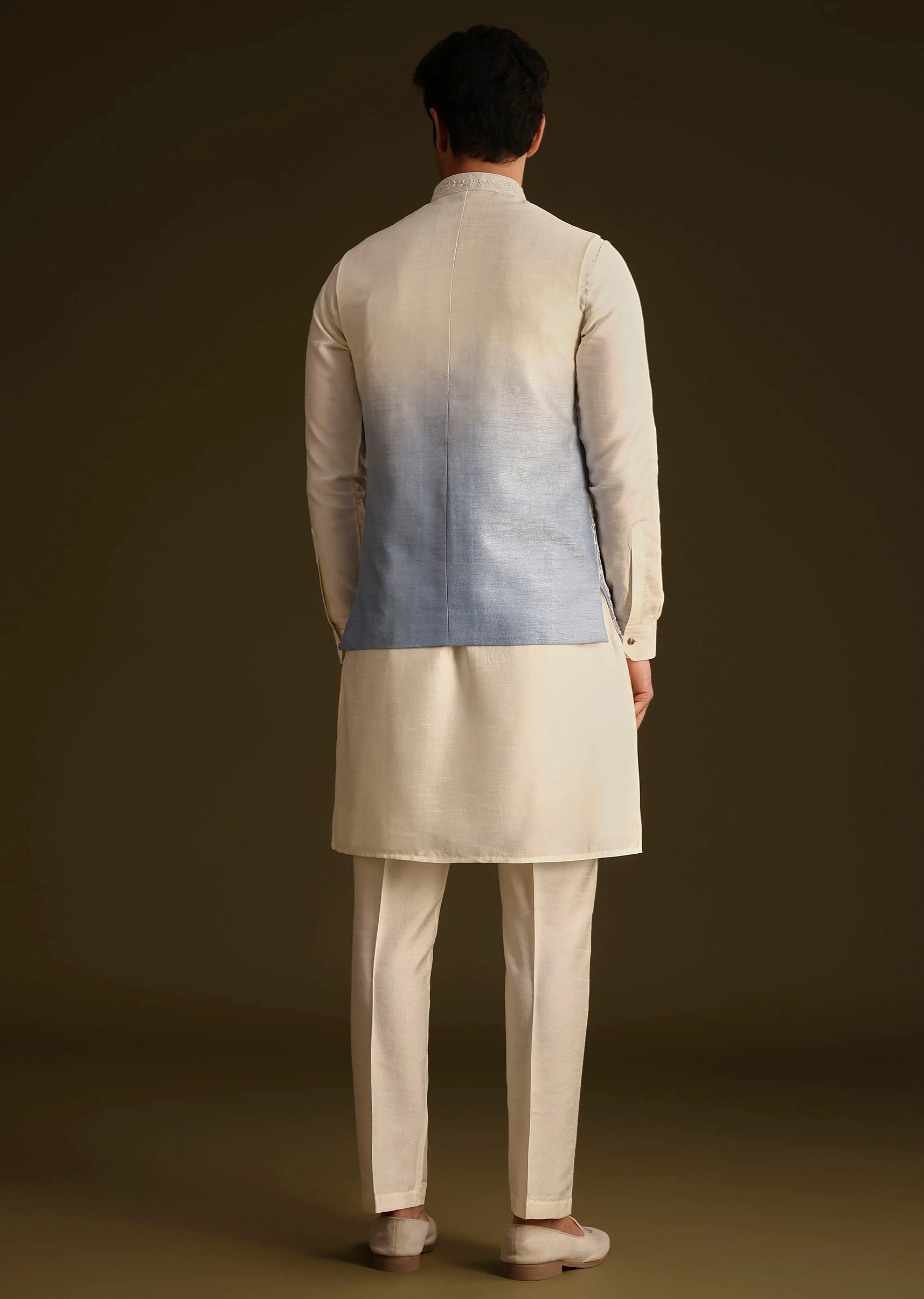 Cream And Blue Ombre Embroidered Silk Jacket Set - Image 5