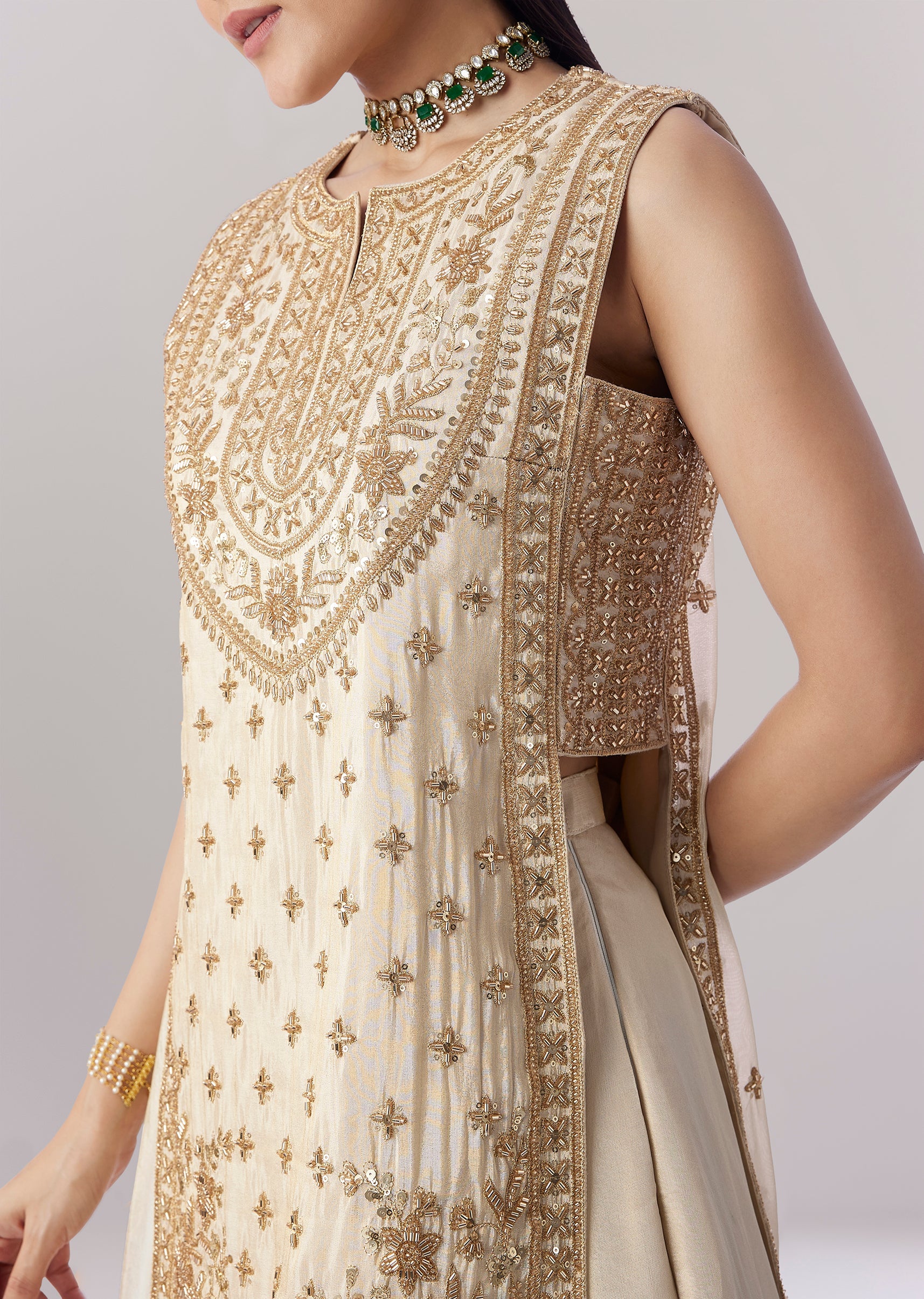 Cream Banarasi Tissue Kurta Lehenga Set - Image 3