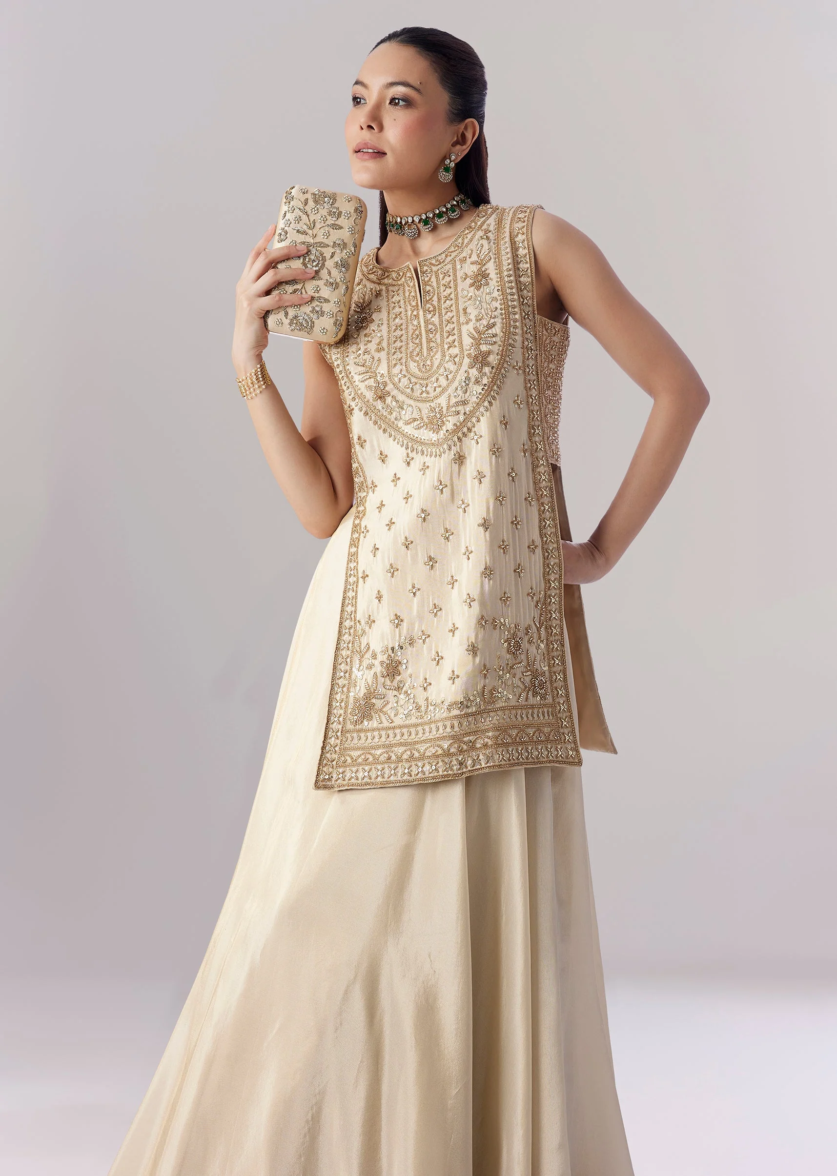 Cream Banarasi Tissue Kurta Lehenga Set - Image 5