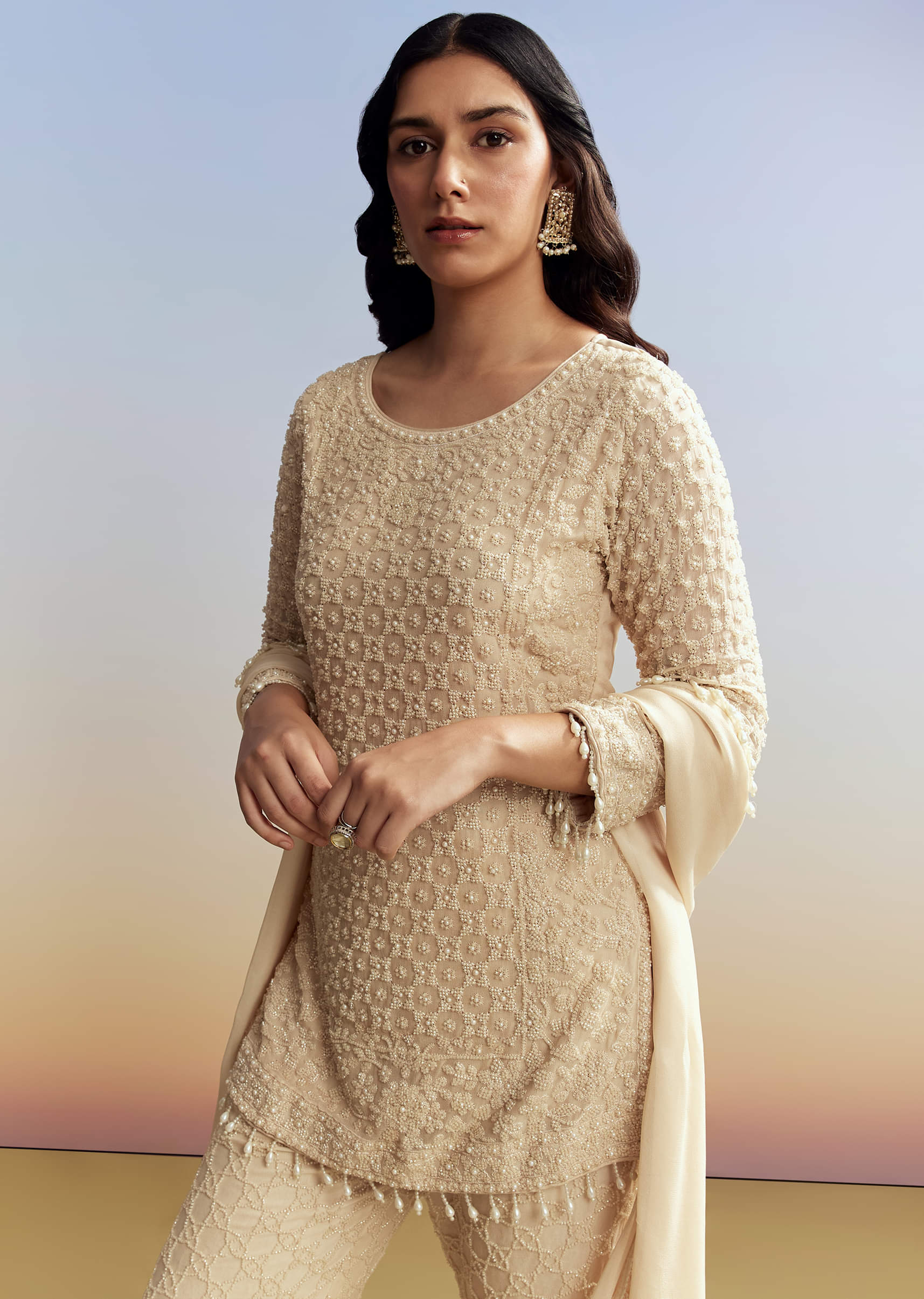 Cream Beaded Kurta Set with Dupatta