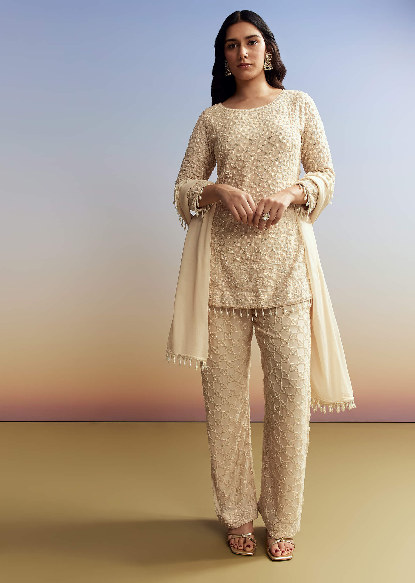 Cream Beaded Kurta Set with Dupatta - Image 2