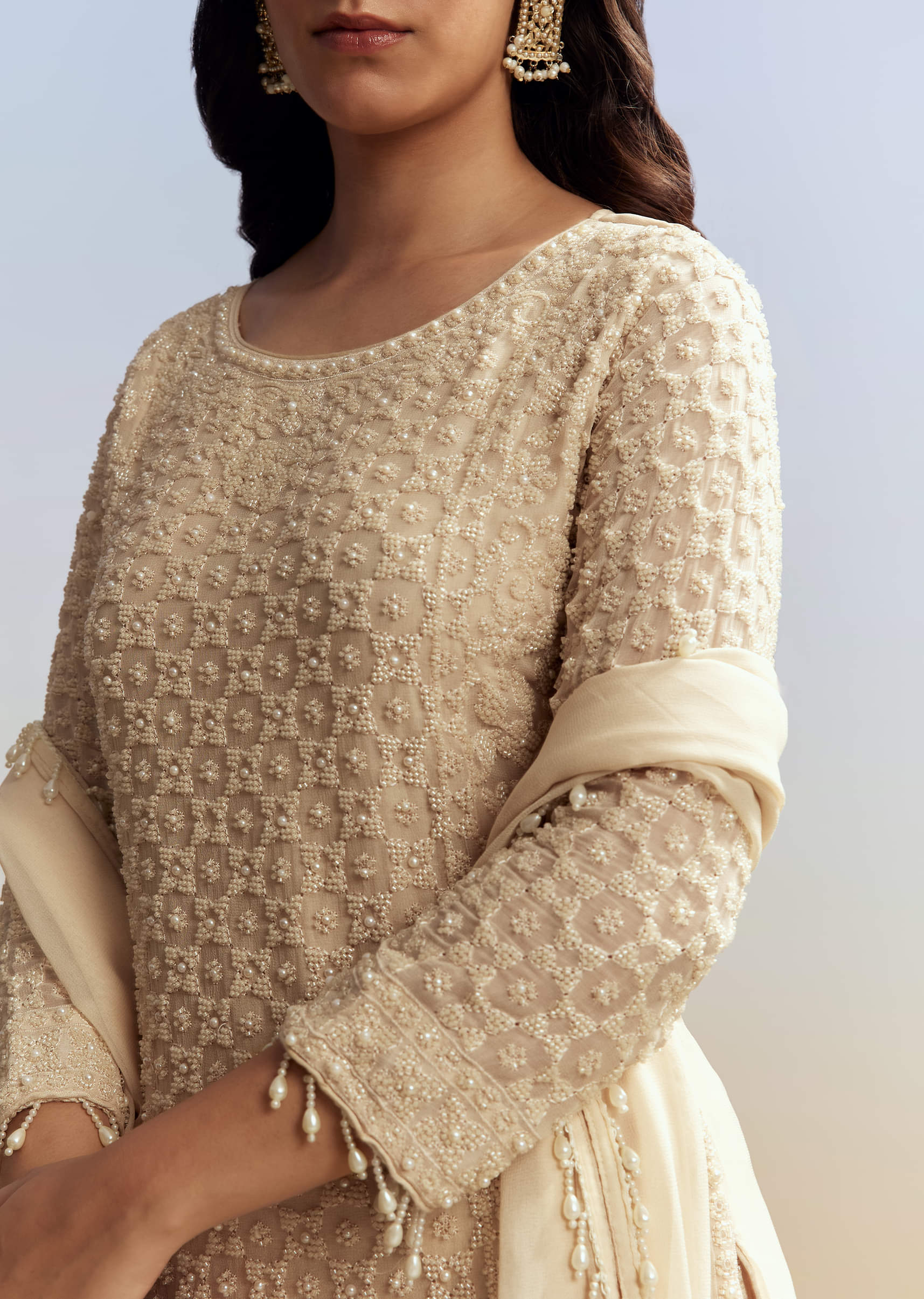 Cream Beaded Kurta Set with Dupatta - Image 3