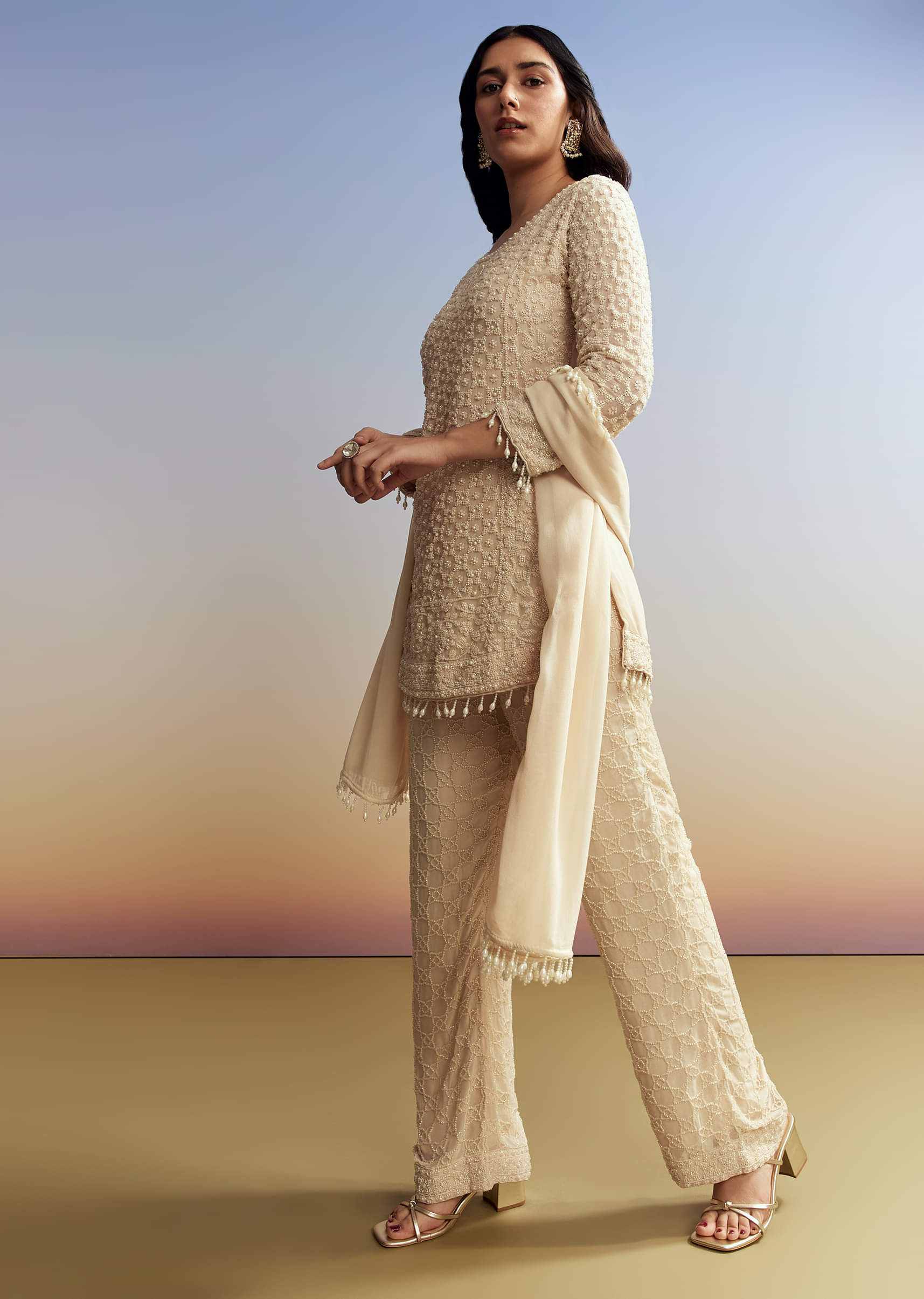 Cream Beaded Kurta Set with Dupatta - Image 4