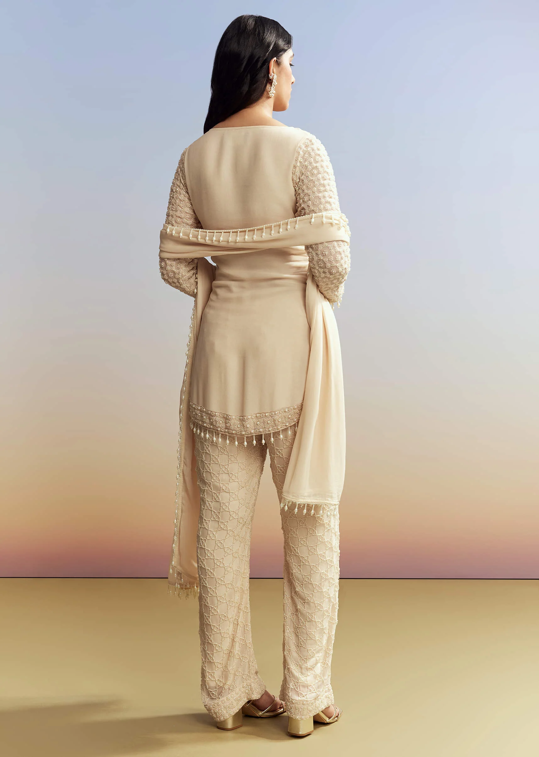Cream Beaded Kurta Set with Dupatta - Image 5