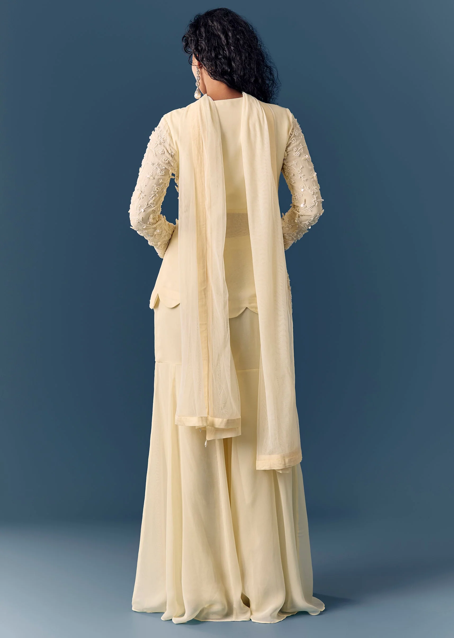 Cream Beaded Peplum Kurta Sharara Set With Dupatta - Image 5