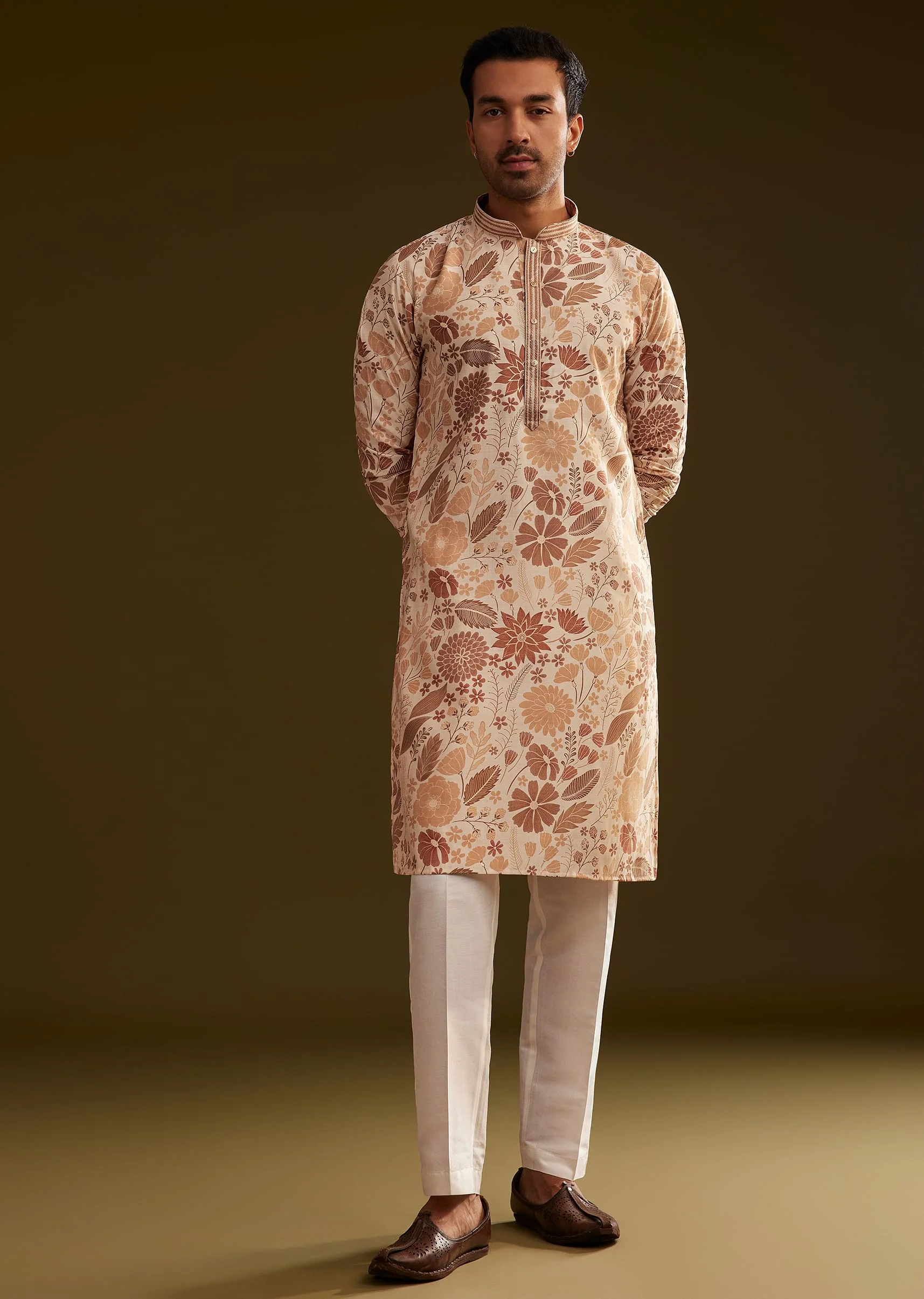 Cream Brown Silk Floral Printed Kurta Set - Image 2