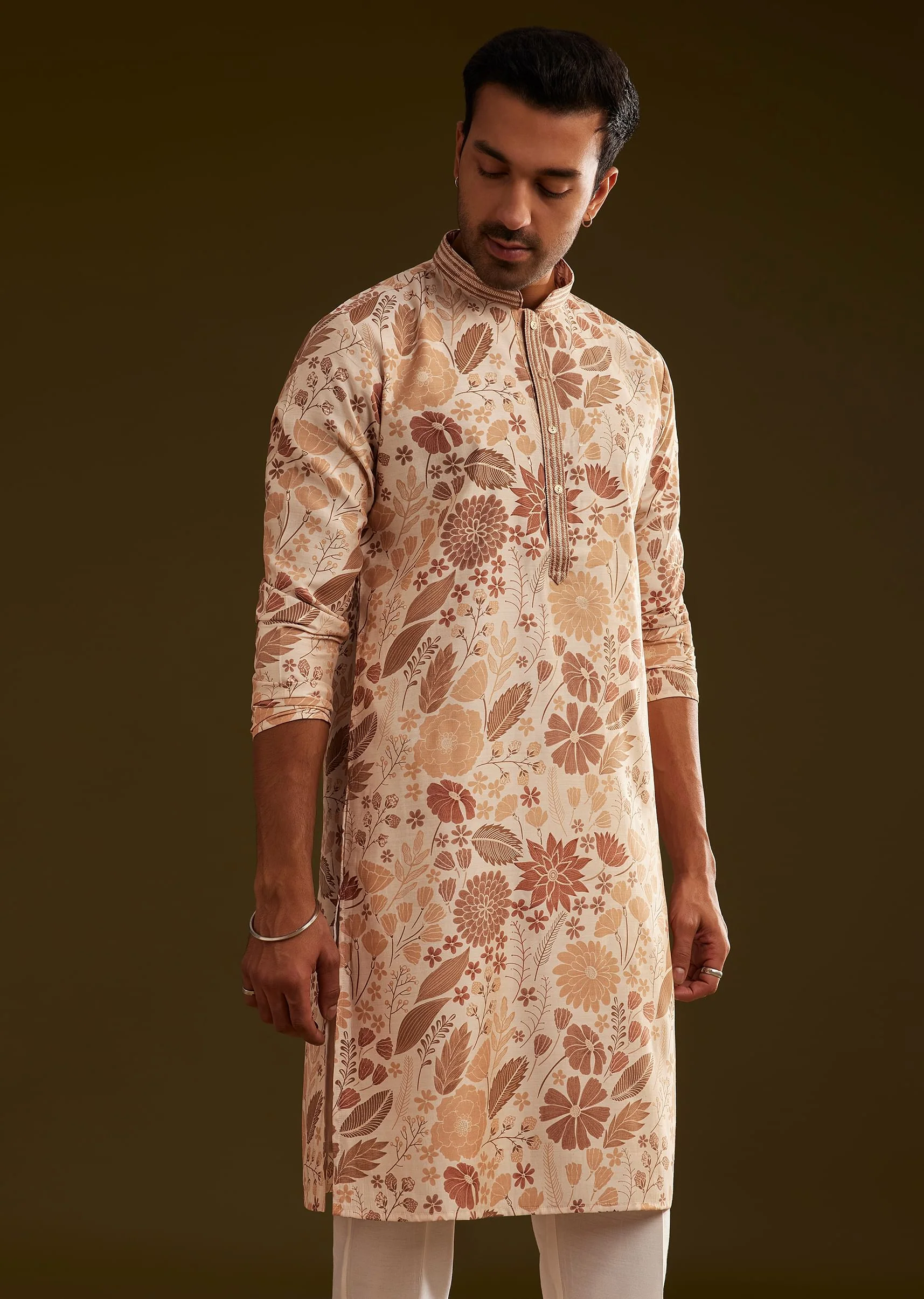 Cream Brown Silk Floral Printed Kurta Set - Image 3