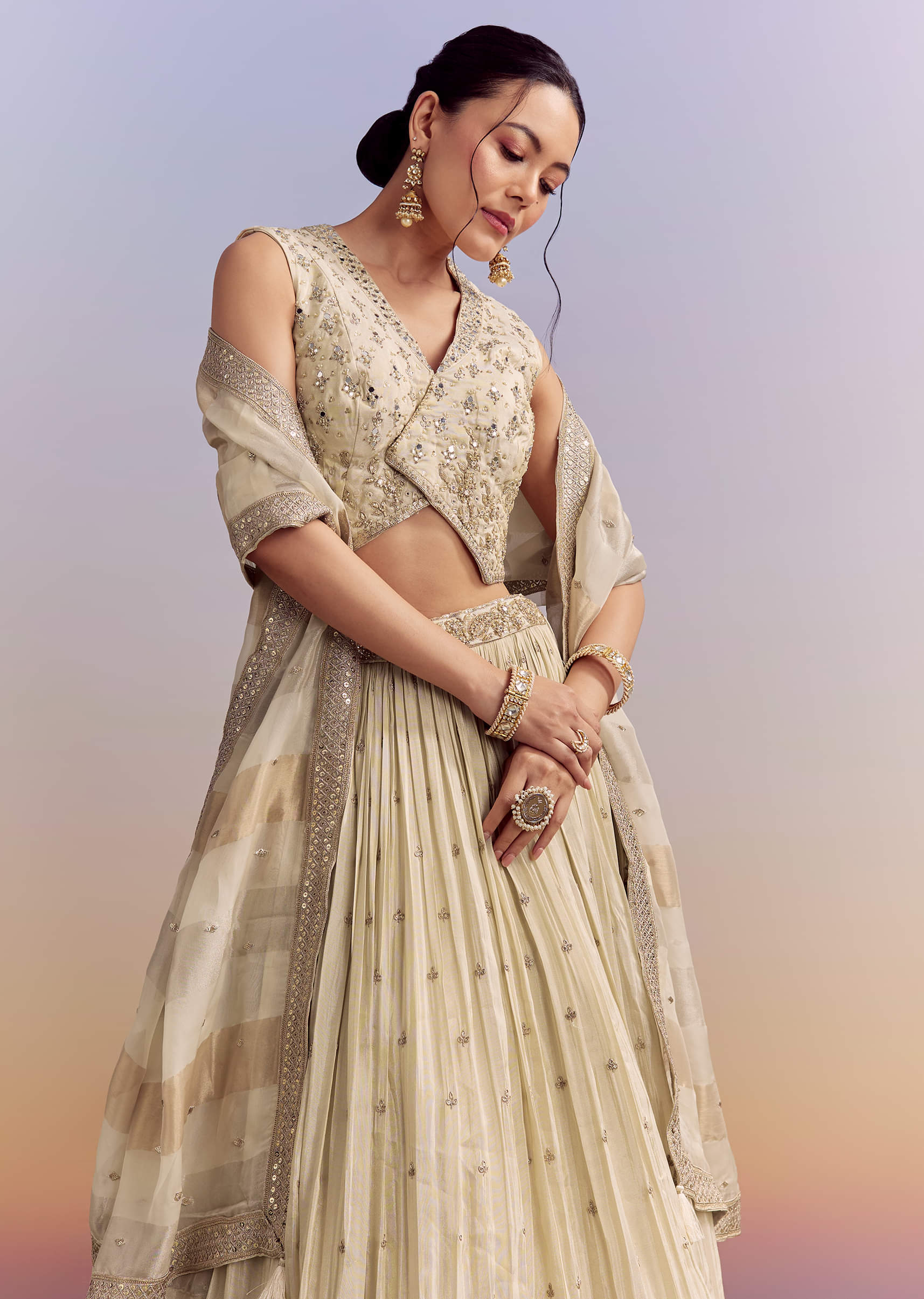 Cream Chinon Bridesmaid Lehenga With Tissue Dupatta - Image 5