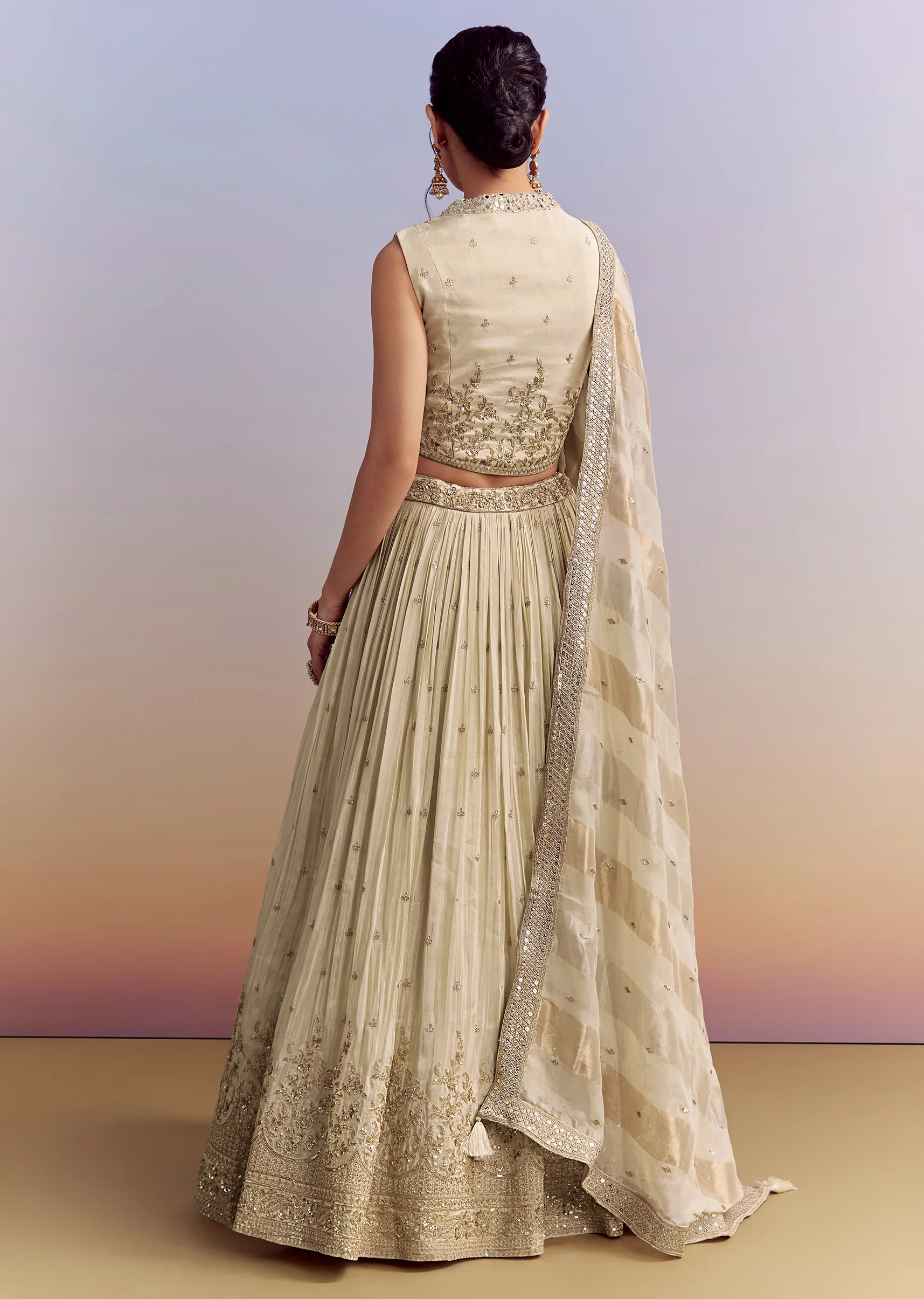 Cream Chinon Bridesmaid Lehenga With Tissue Dupatta - Image 7
