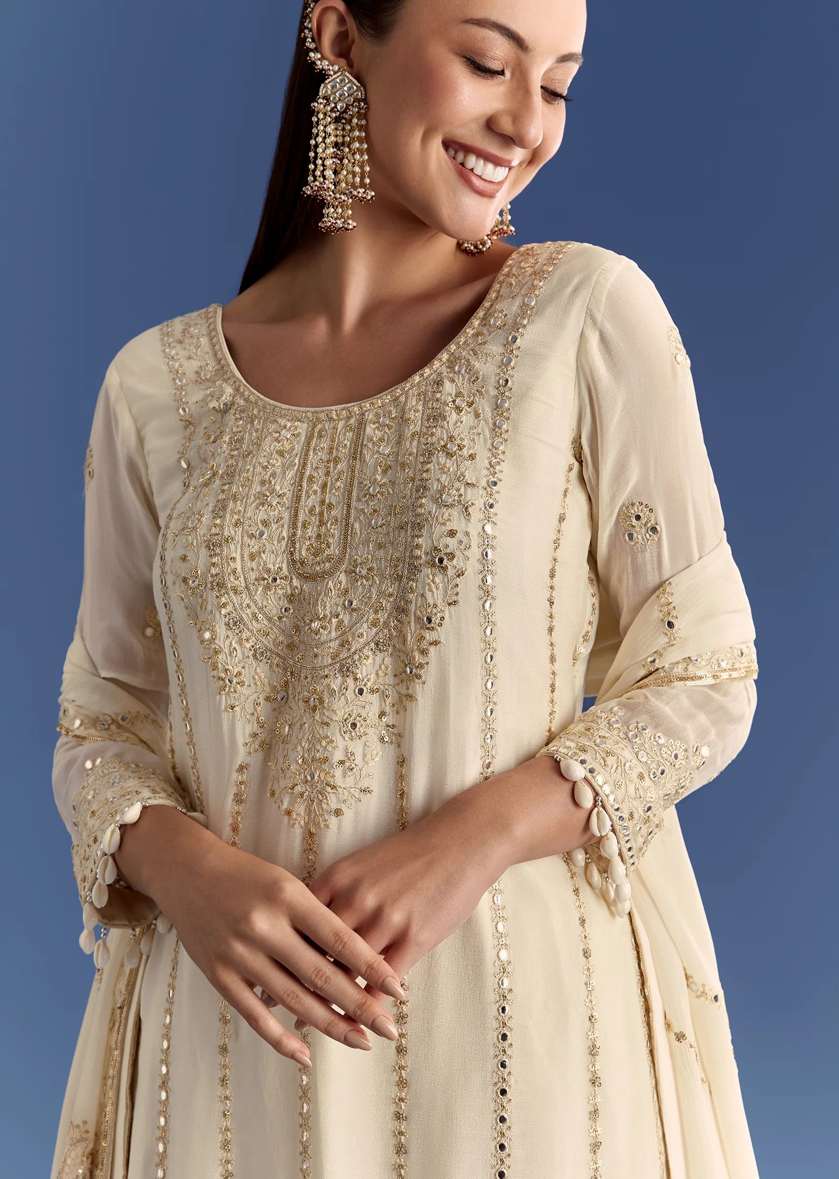 Cream Chinon Kurta Palazzo Set With Resham And Sequins Work - Image 3