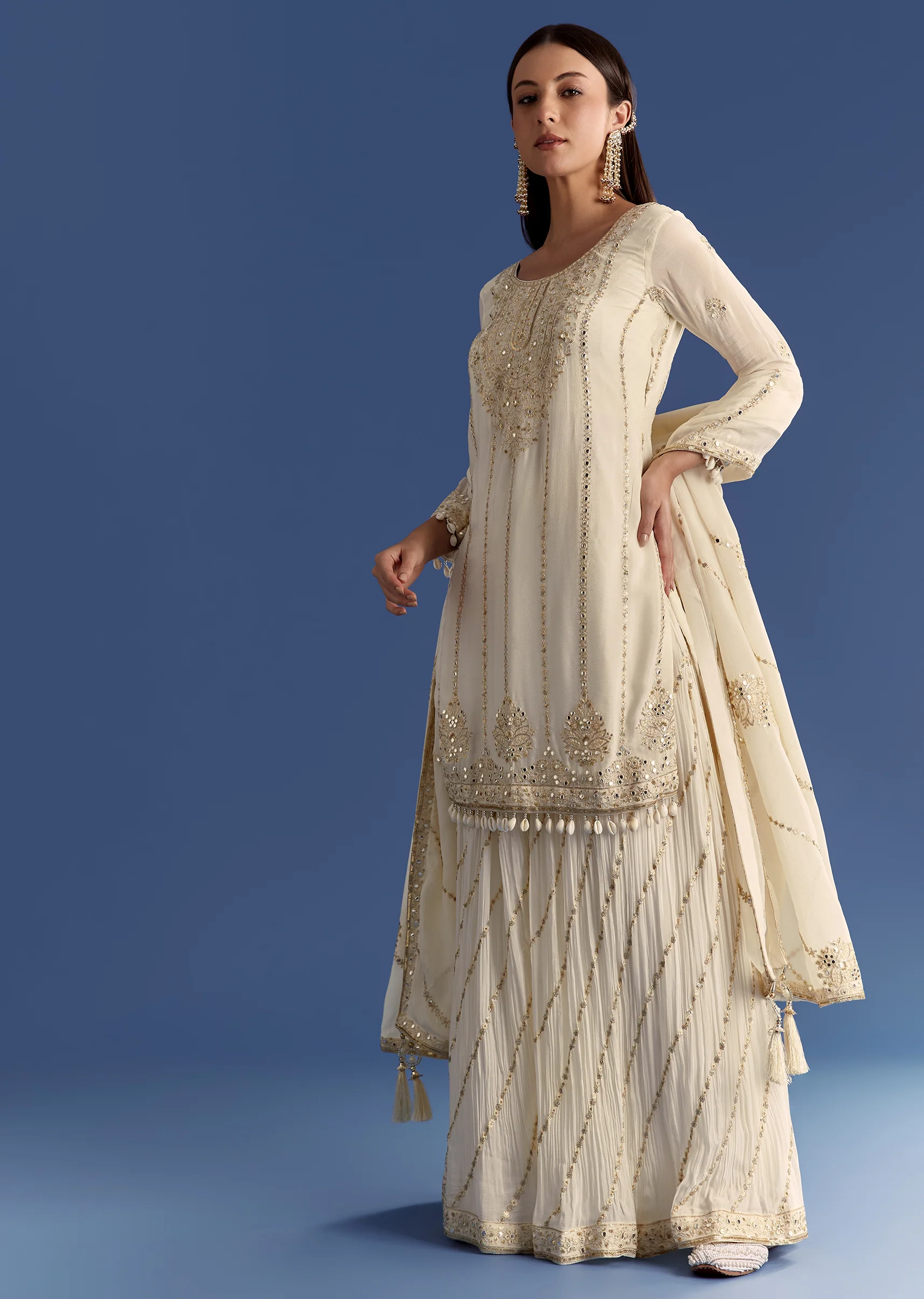 Cream Chinon Kurta Palazzo Set With Resham And Sequins Work - Image 4