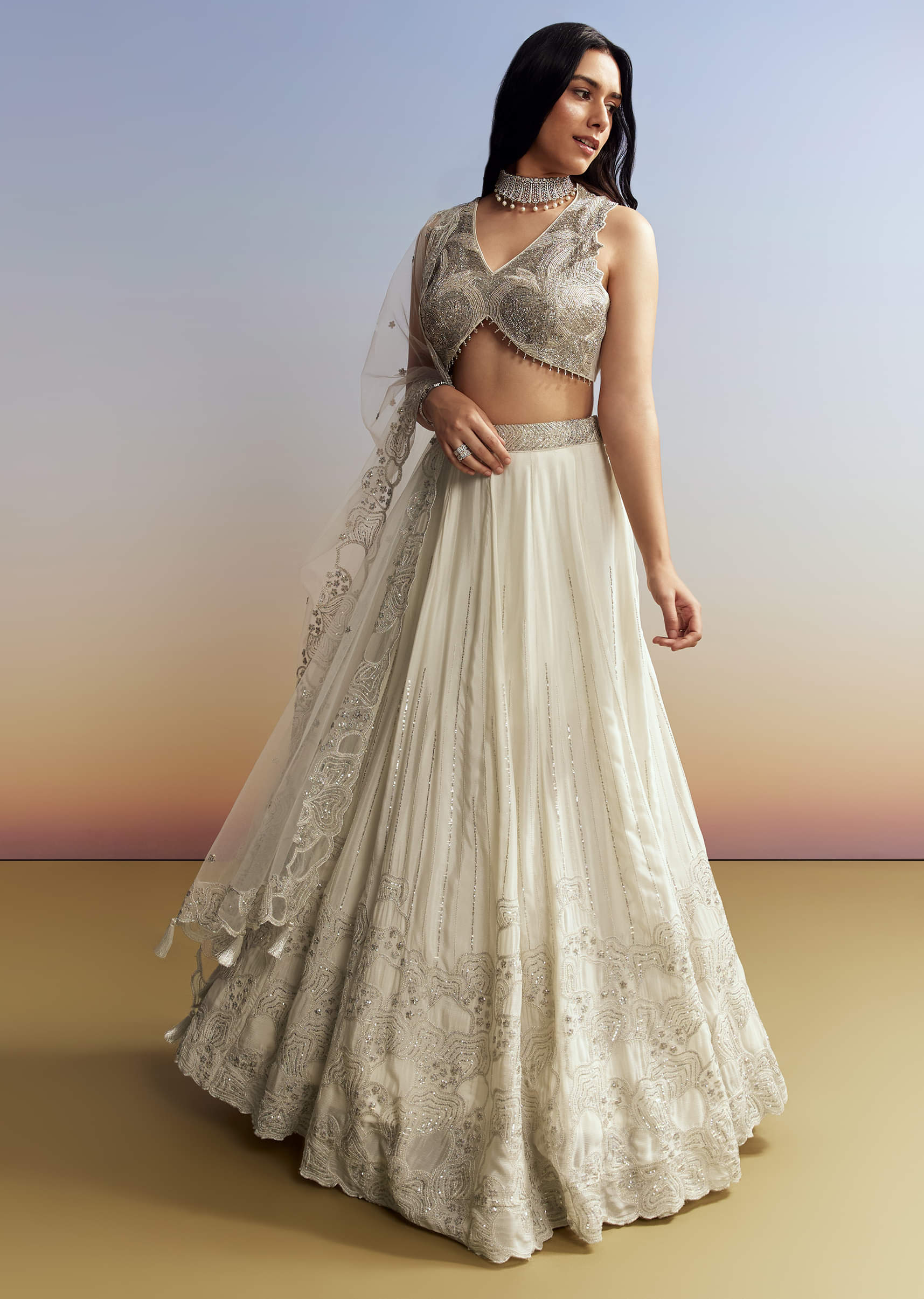 Cream Chinon Lehenga with Net Choli