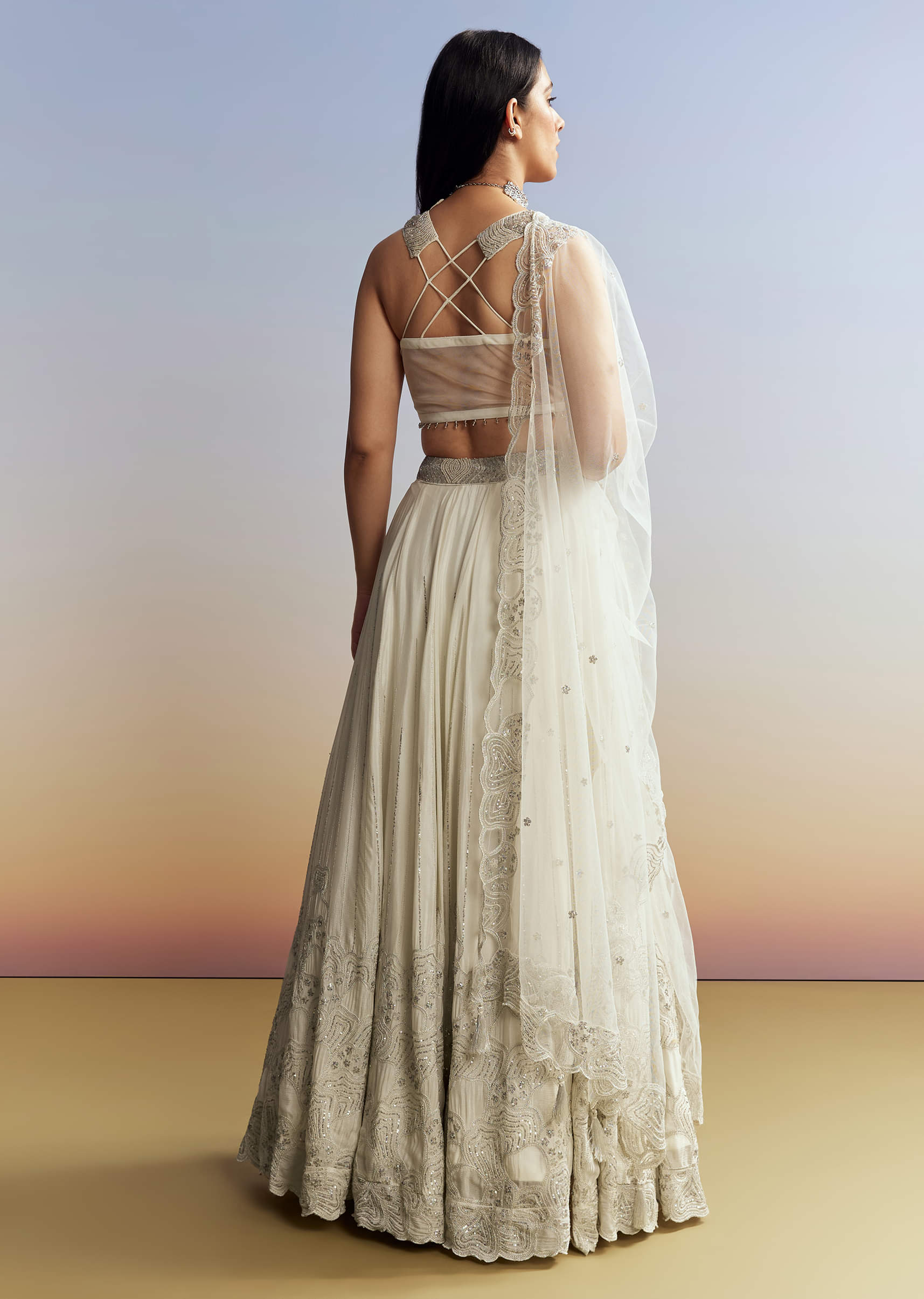 Cream Chinon Lehenga with Net Choli - Image 5