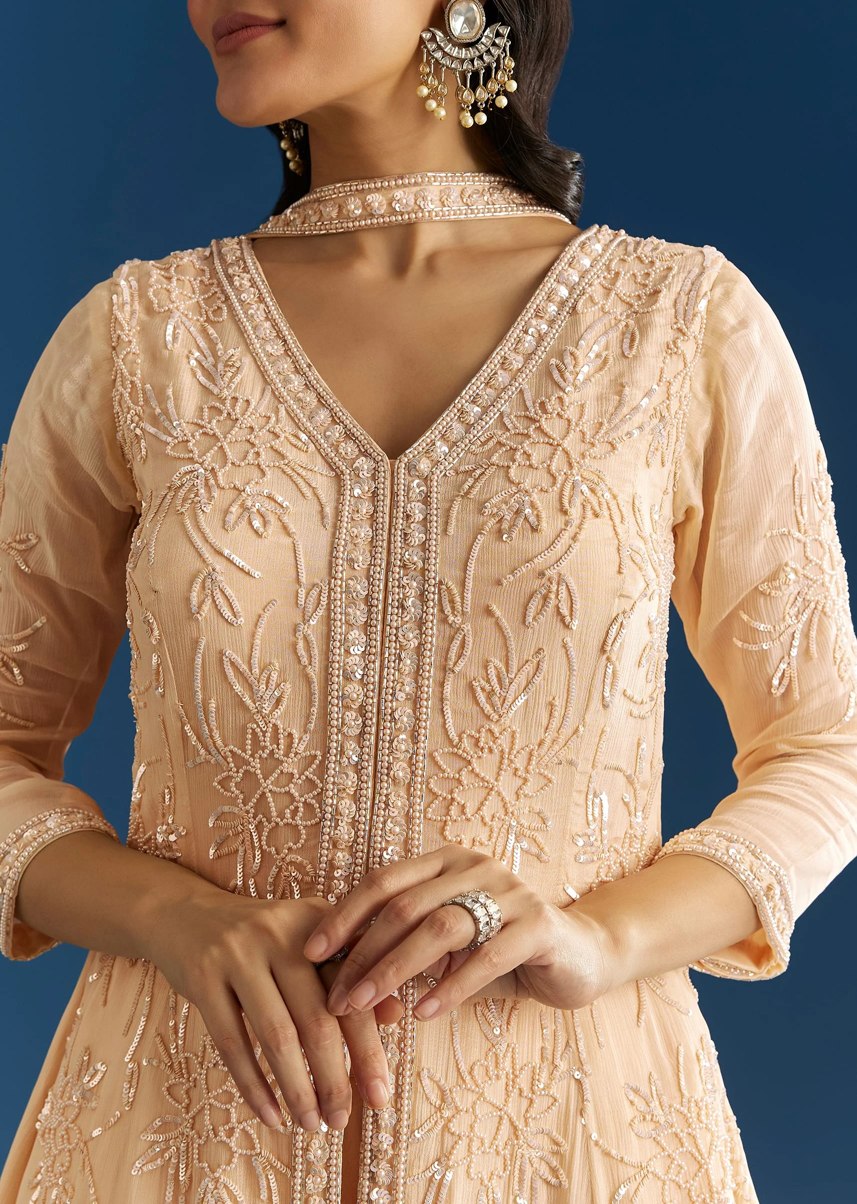 Cream Chinon Moti Embroidered Kurta Palazzo Set With Choker Style Dupatta - Image 2