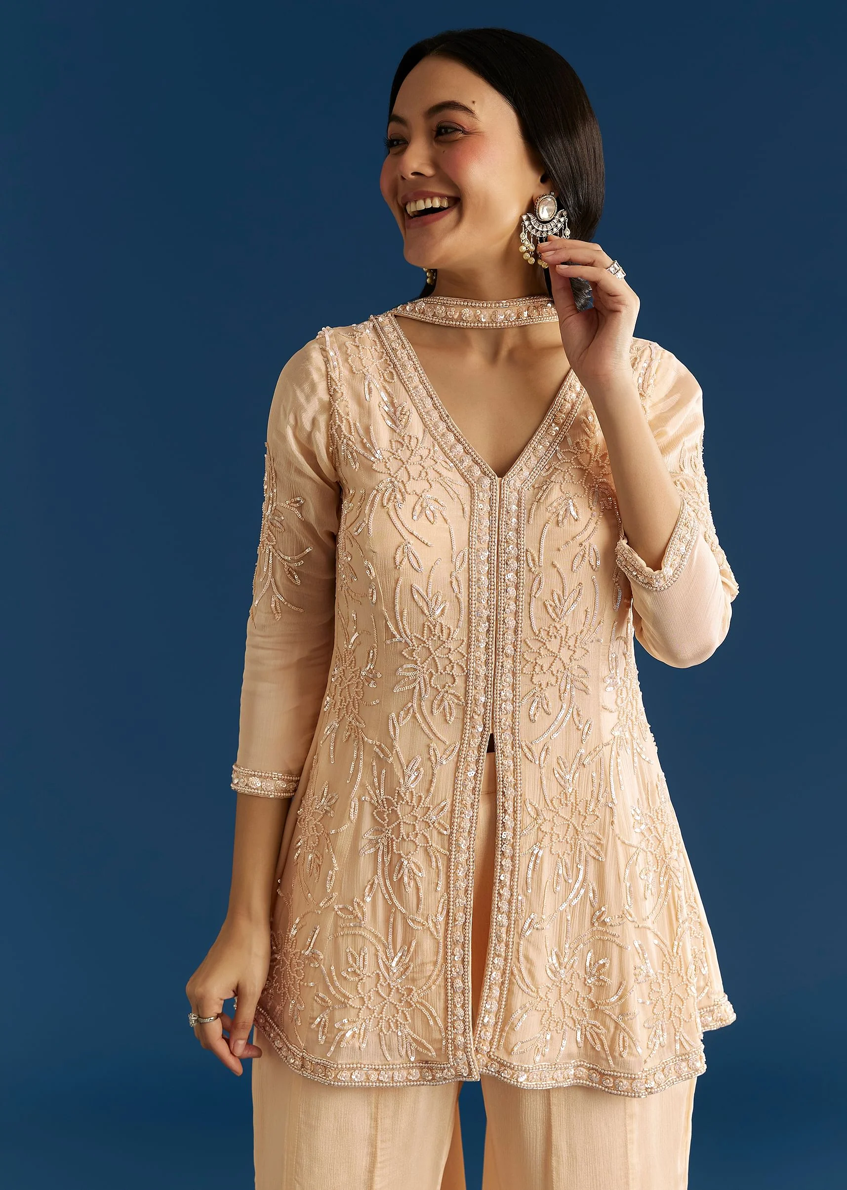 Cream Chinon Moti Embroidered Kurta Palazzo Set With Choker Style Dupatta - Image 4