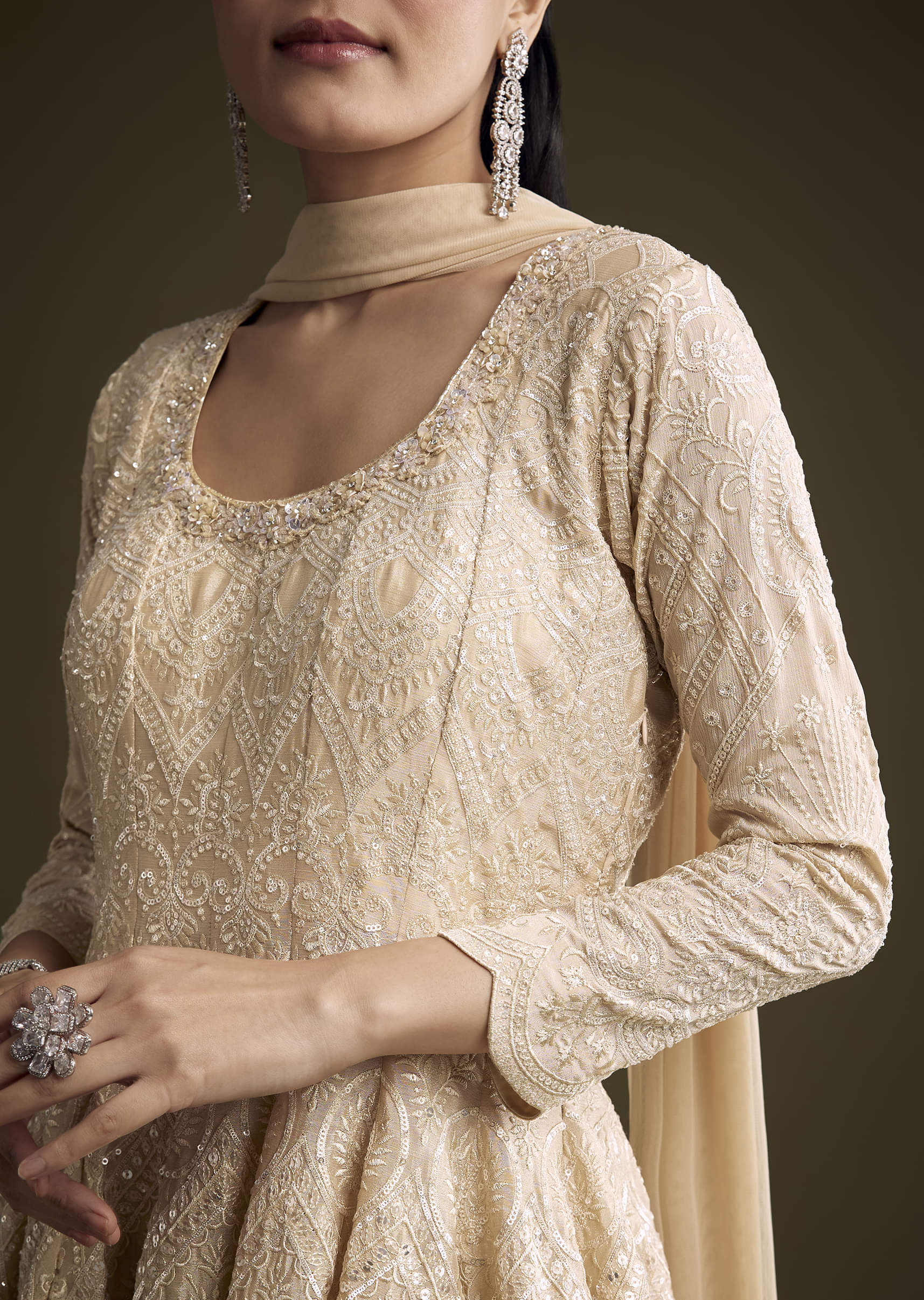 Cream Chinon Palazzo Suit With Sequins And Resham Work - Image 2