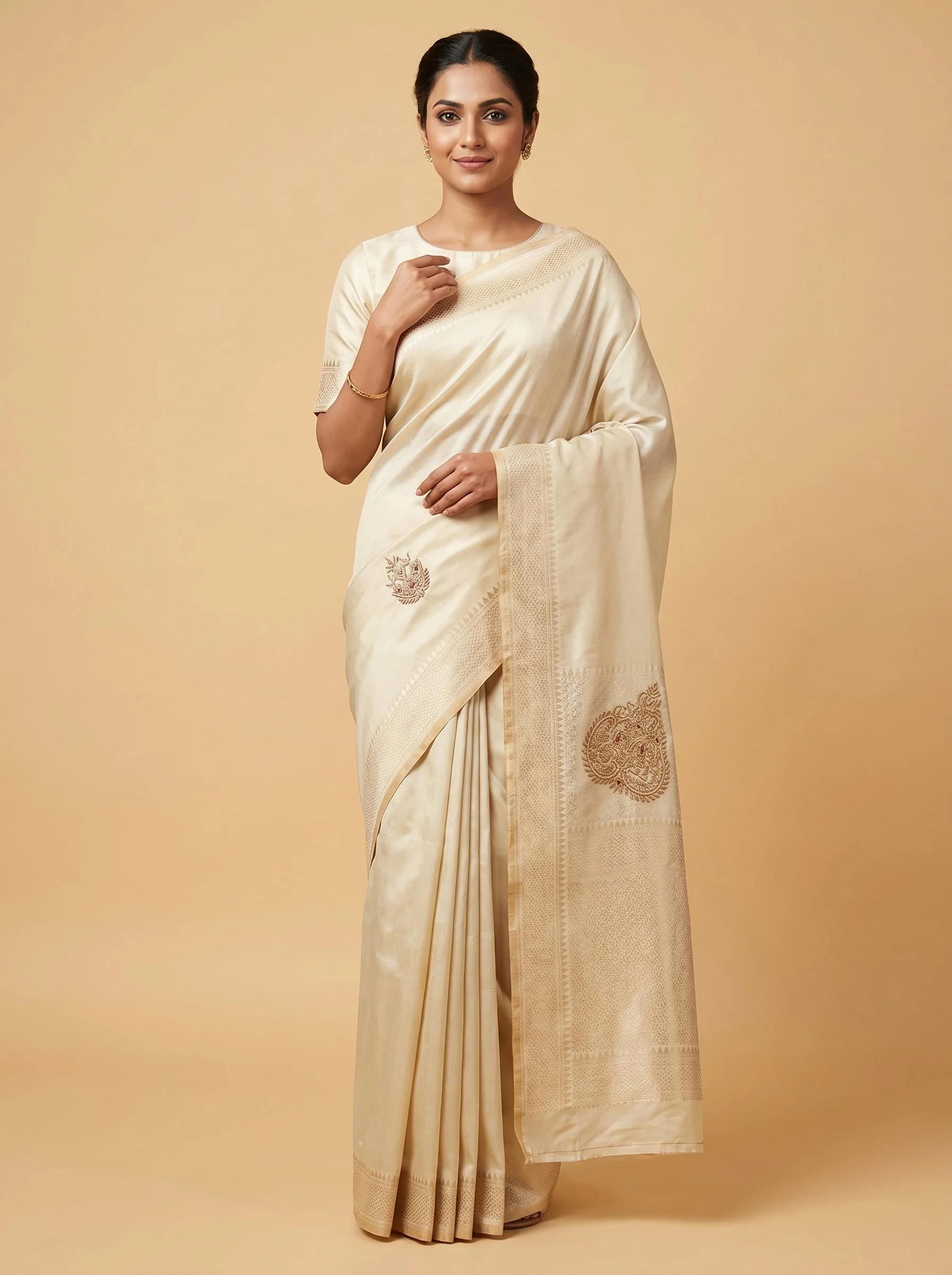 Cream Classic Embroidered Saree