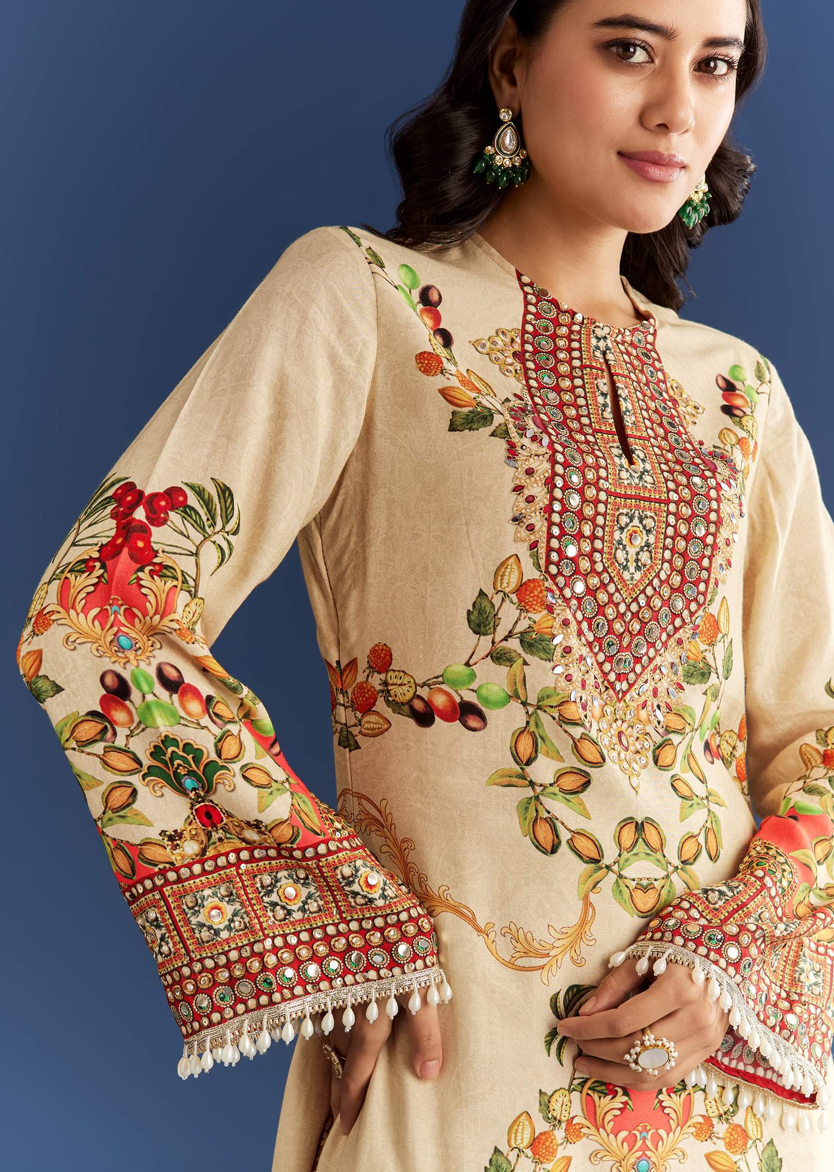 Cream Cotton Muslin Printed Asymmetrical Kurta Dhoti - Image 2