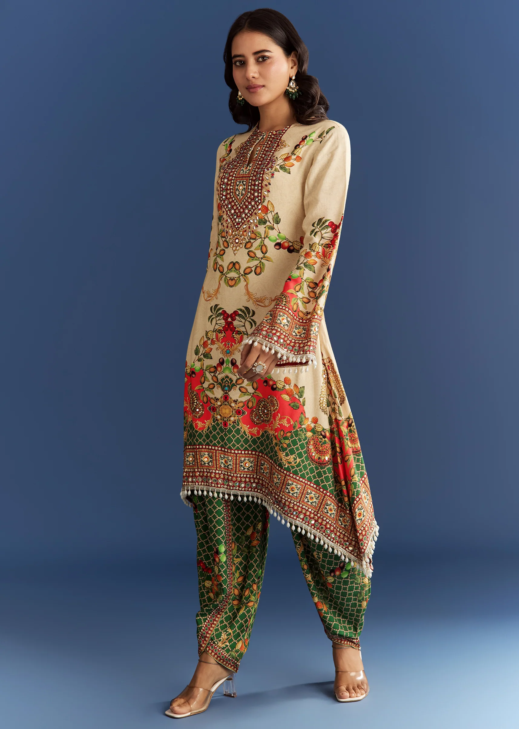 Cream Cotton Muslin Printed Asymmetrical Kurta Dhoti - Image 3