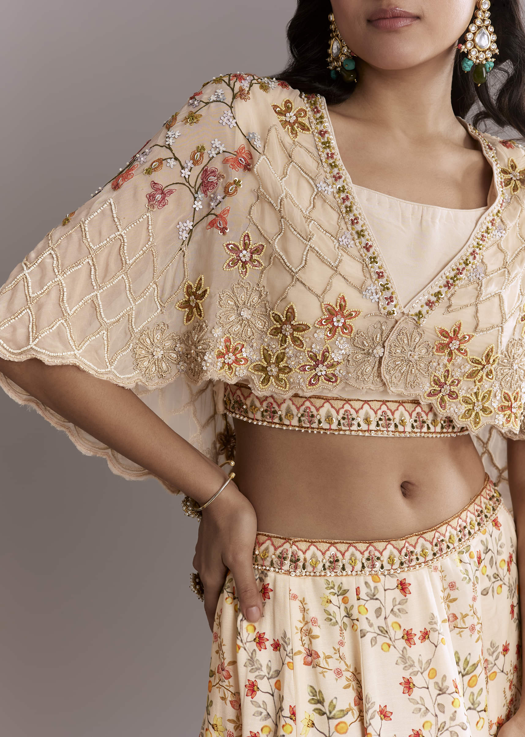 Cream Crepe Crop Top And Printed Skirt Set With Beads Embroidery - Image 3