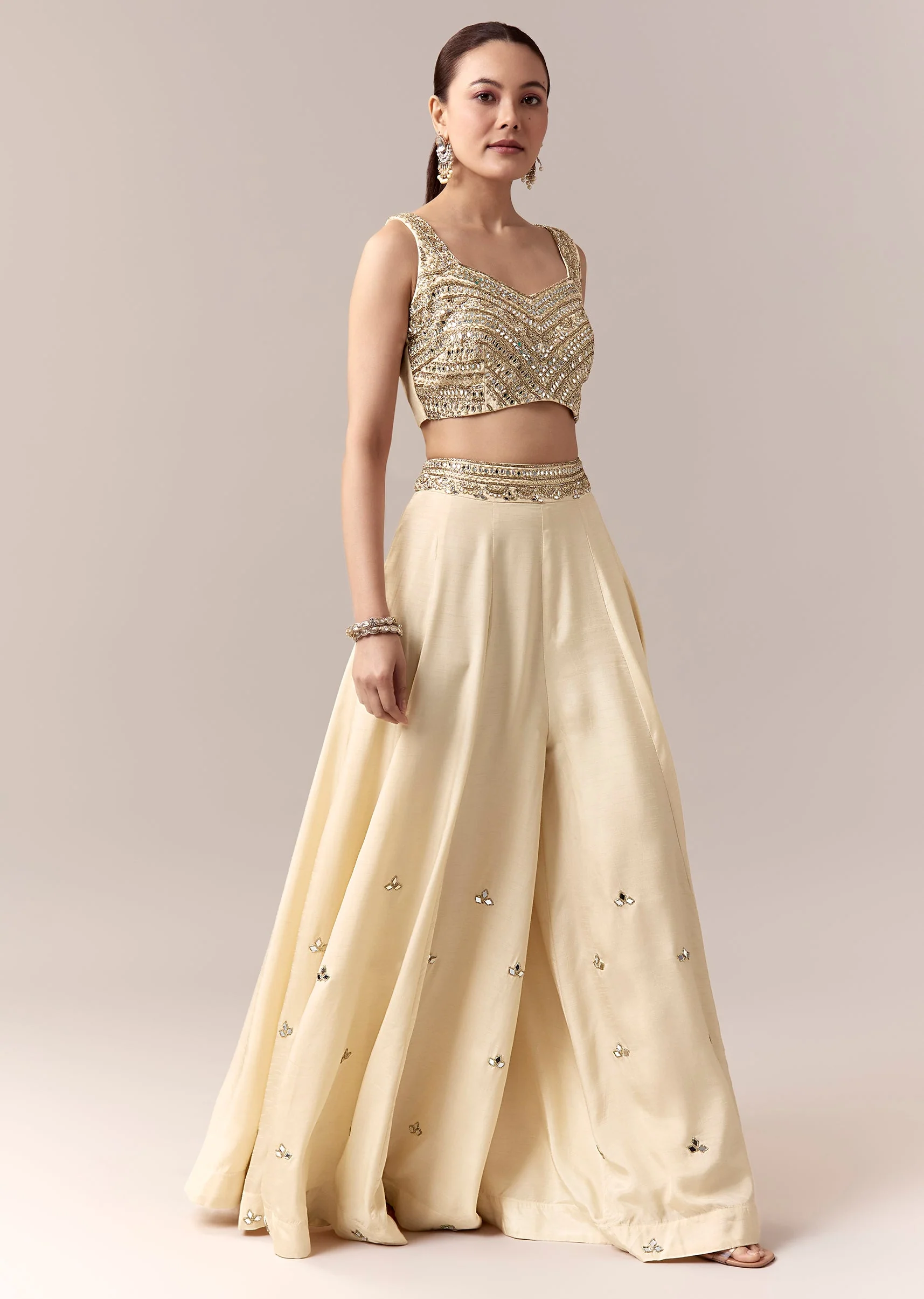 Cream Crop Top Pants Indo Western With Mirror Cut Dana Work - Image 6