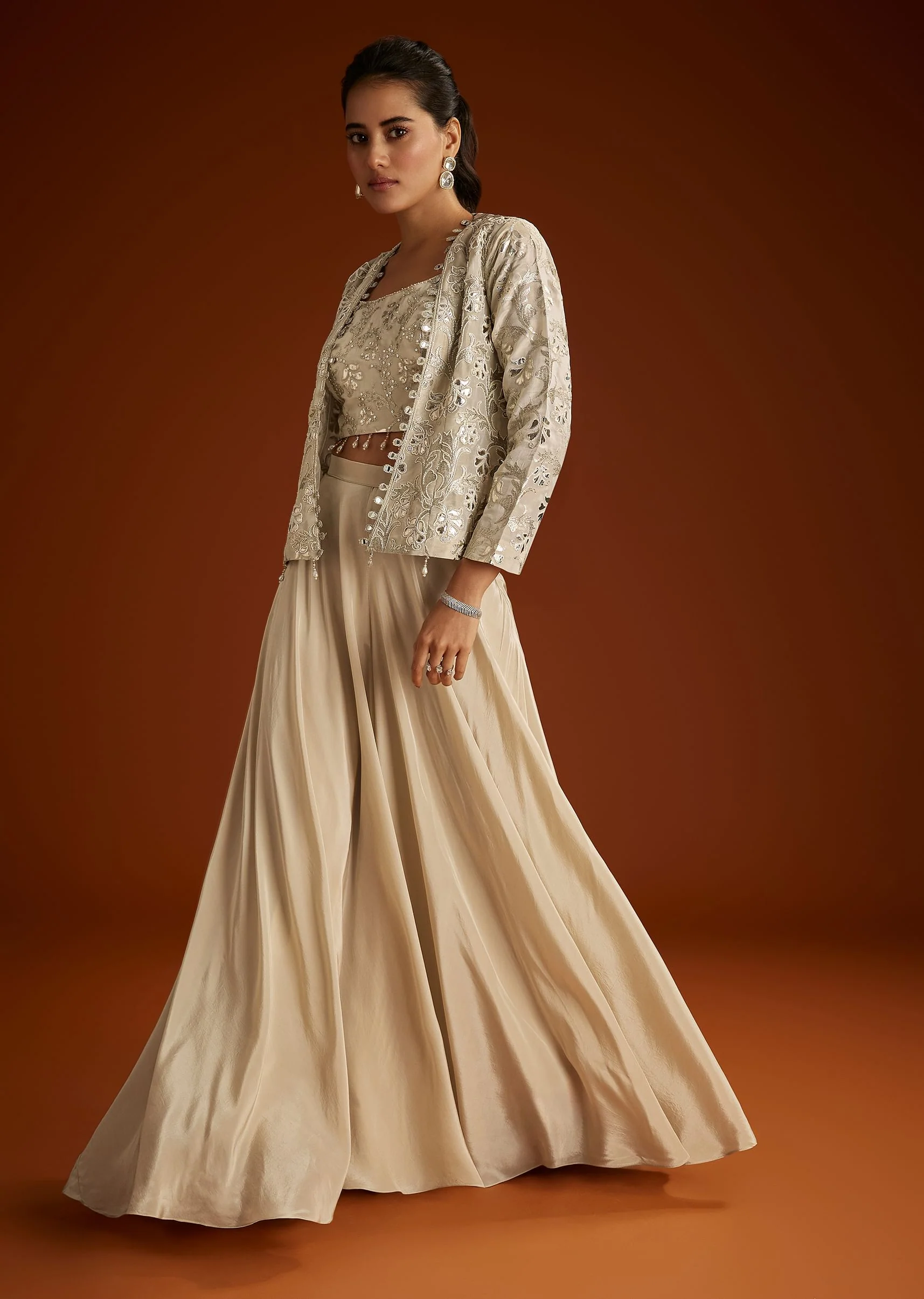 Cream Croptop Patch And Sequin Croptop Jacket Set
